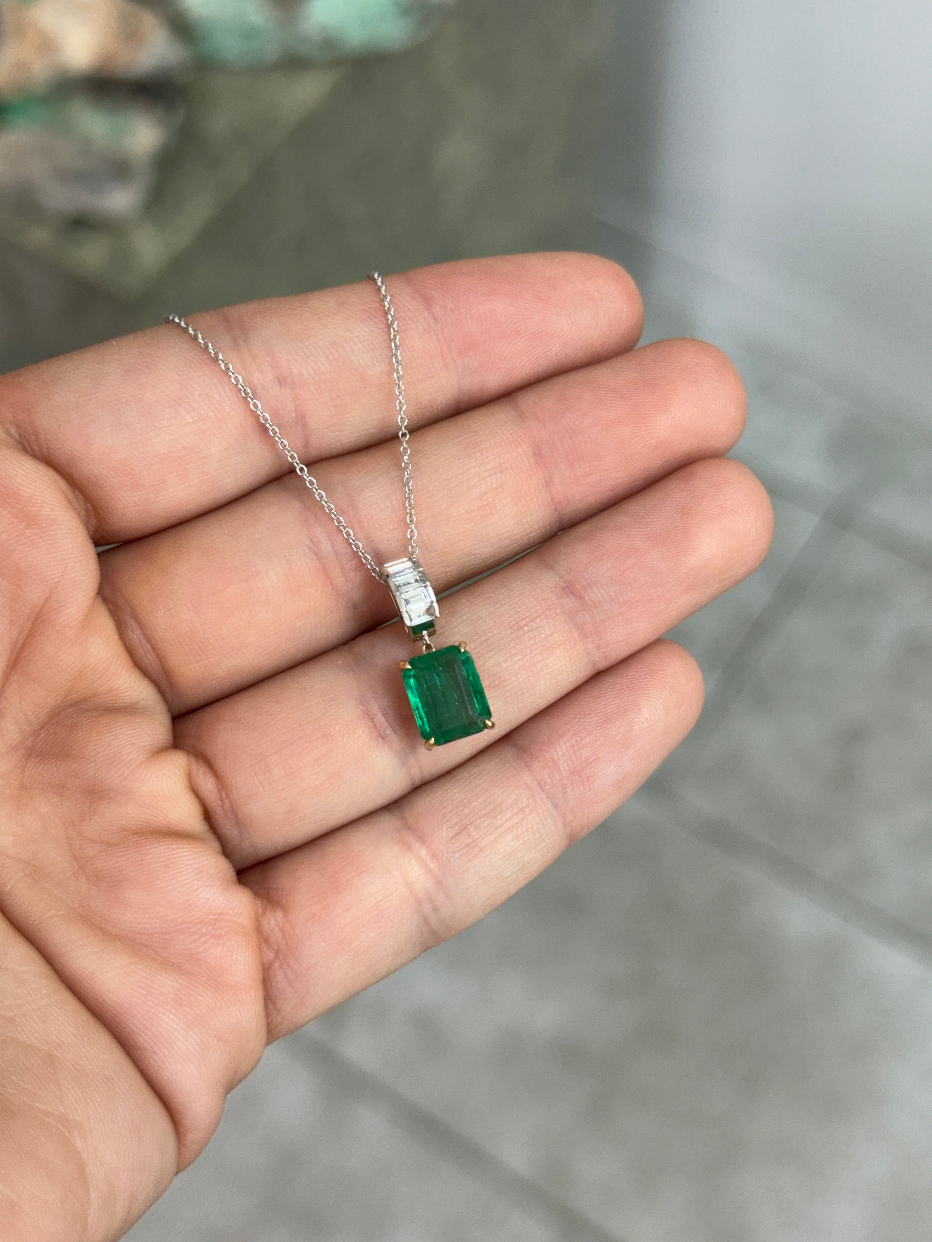 Natural emerald and lab diamond bail pendant with 3.57 carats in 14K gold, featuring emeralds and baguette diamonds from JR Colombian Emeralds.