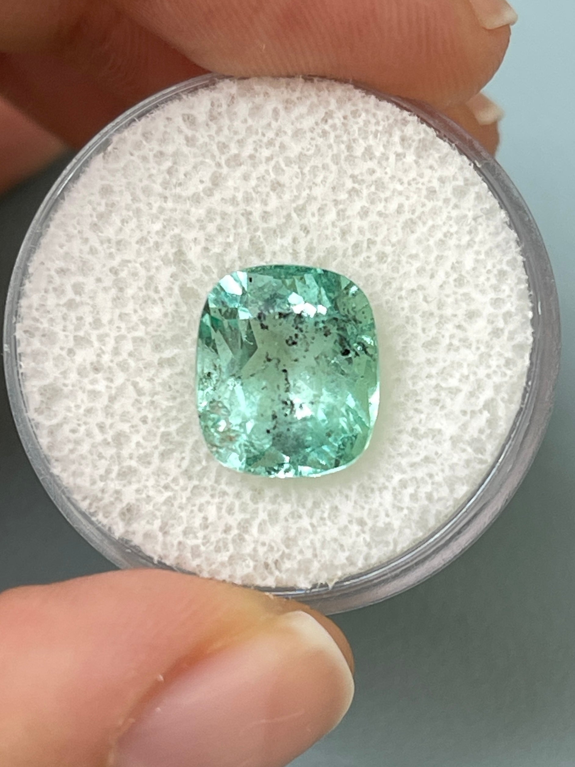 4.94 Carat 11x9.5 Freckled Sea Foam Green Natural Loose Colombian Emerald- Cushion Cut - JR Colombian Emeralds