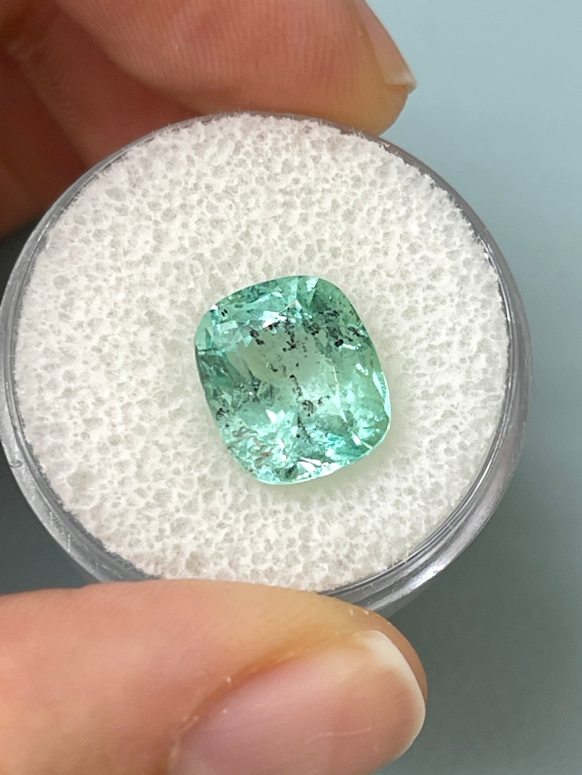 4.94 Carat 11x9.5 Freckled Sea Foam Green Natural Loose Colombian Emerald- Cushion Cut - JR Colombian Emeralds