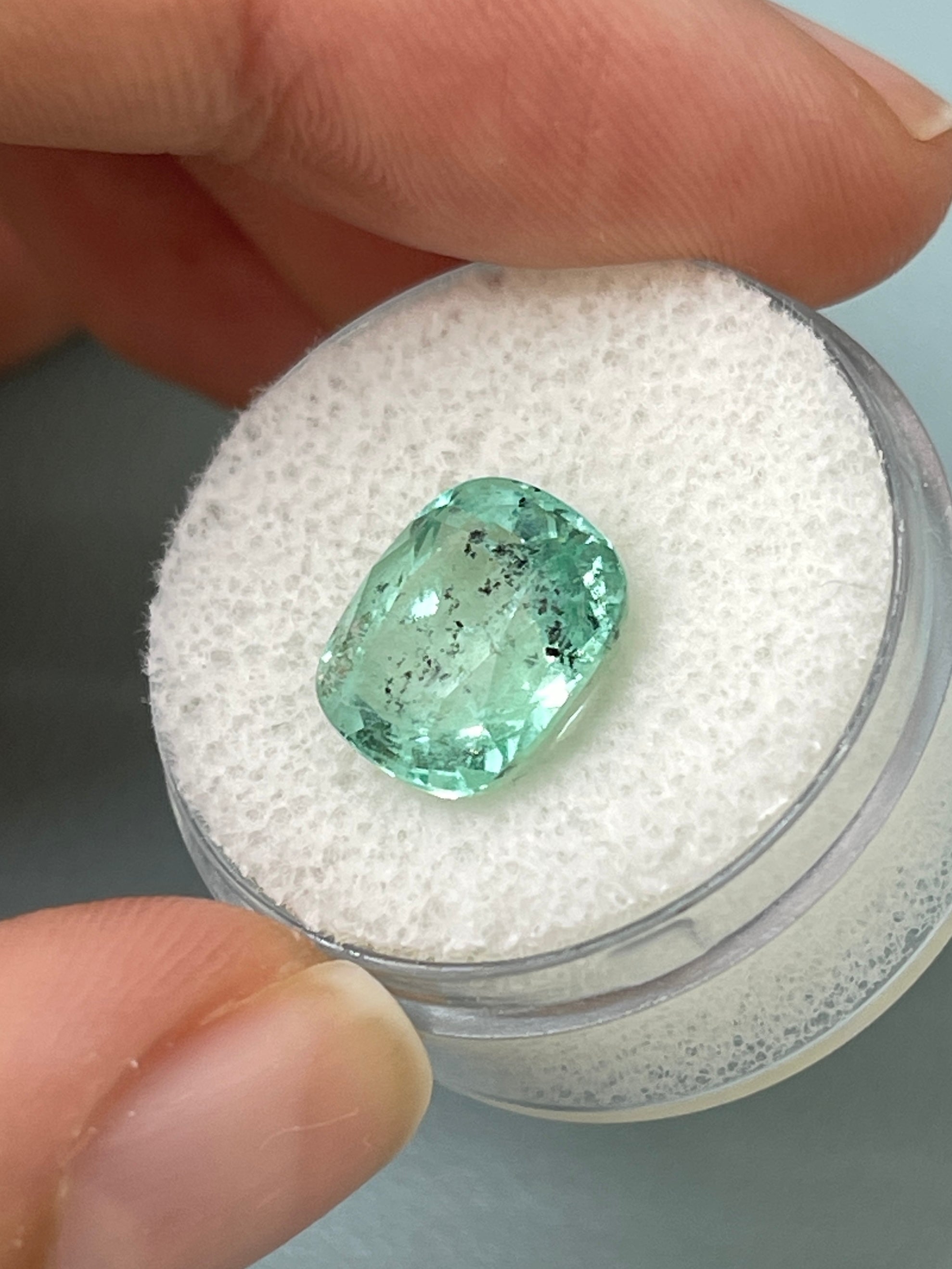 4.94 Carat 11x9.5 Freckled Sea Foam Green Natural Loose Colombian Emerald- Cushion Cut - JR Colombian Emeralds