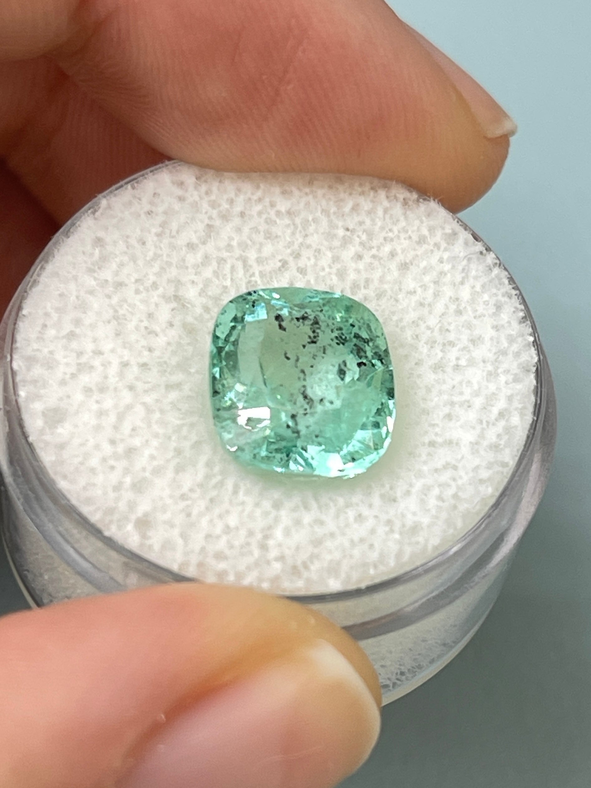 4.94 Carat 11x9.5 Freckled Sea Foam Green Natural Loose Colombian Emerald- Cushion Cut - JR Colombian Emeralds