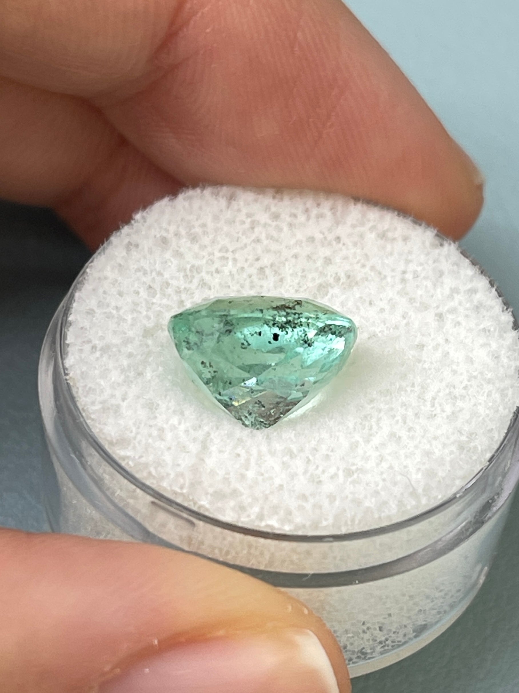 4.94 Carat 11x9.5 Freckled Sea Foam Green Natural Loose Colombian Emerald- Cushion Cut - JR Colombian Emeralds