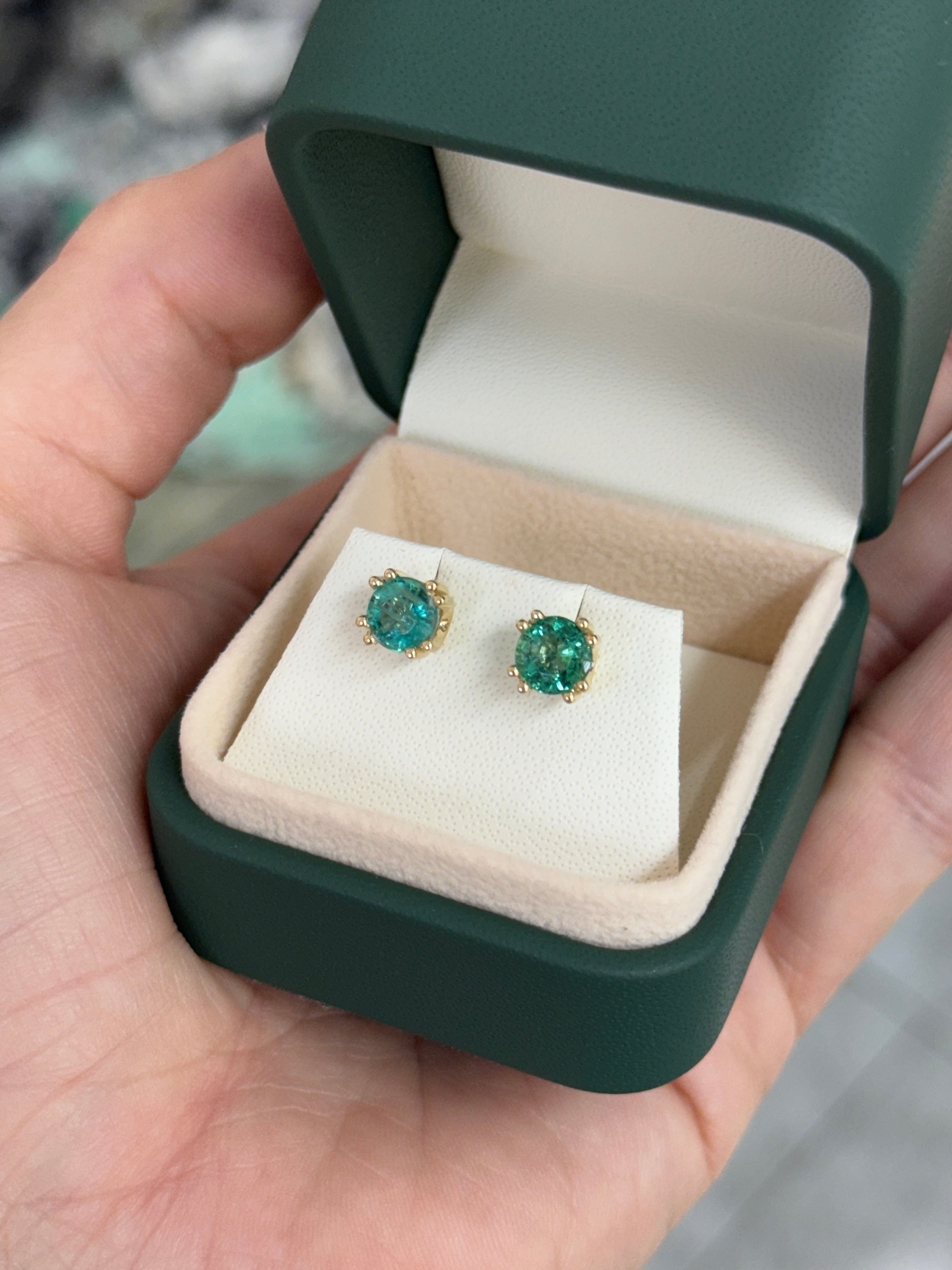 1.80tcw Double Prong Round Emerald Studs 14K
