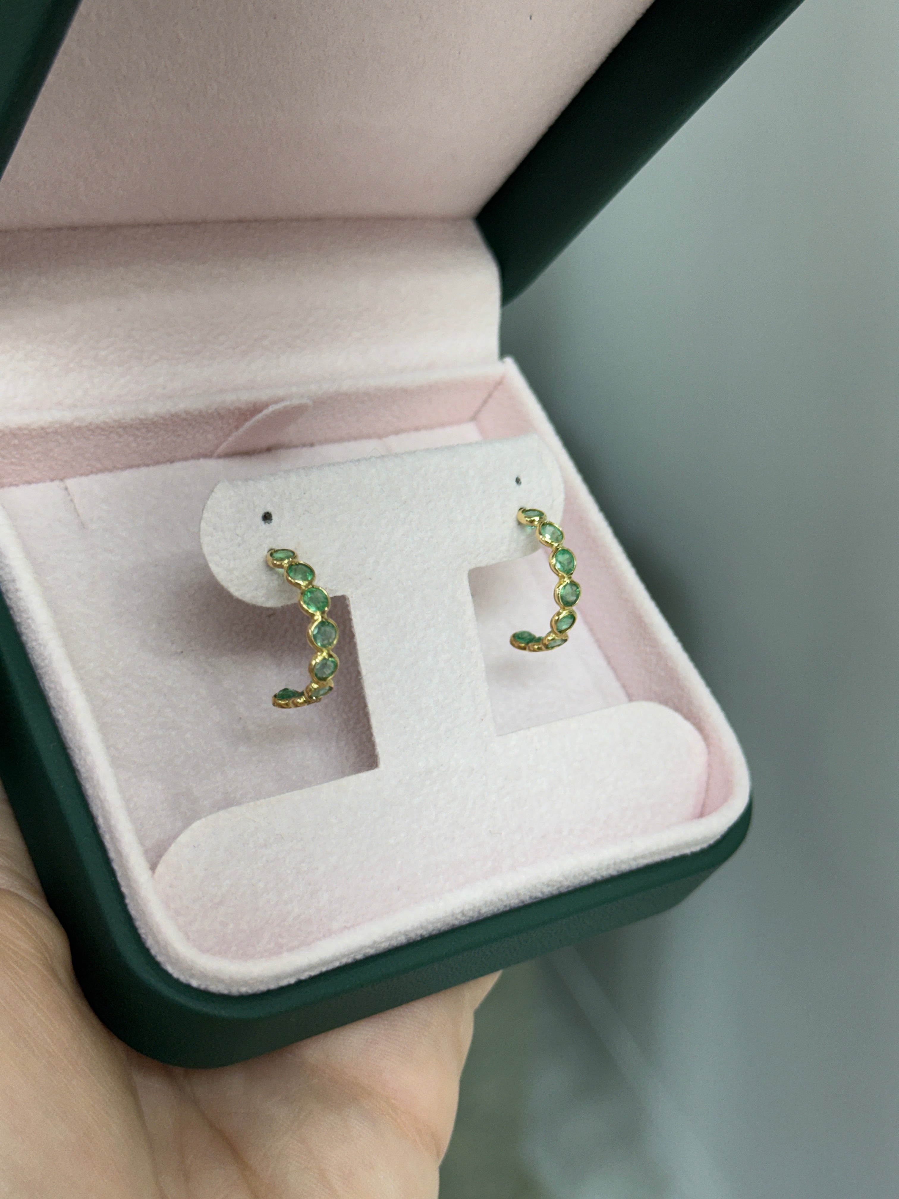 1.95tcw 18K Natural Round Emerald Half Hoop Bezel Earring