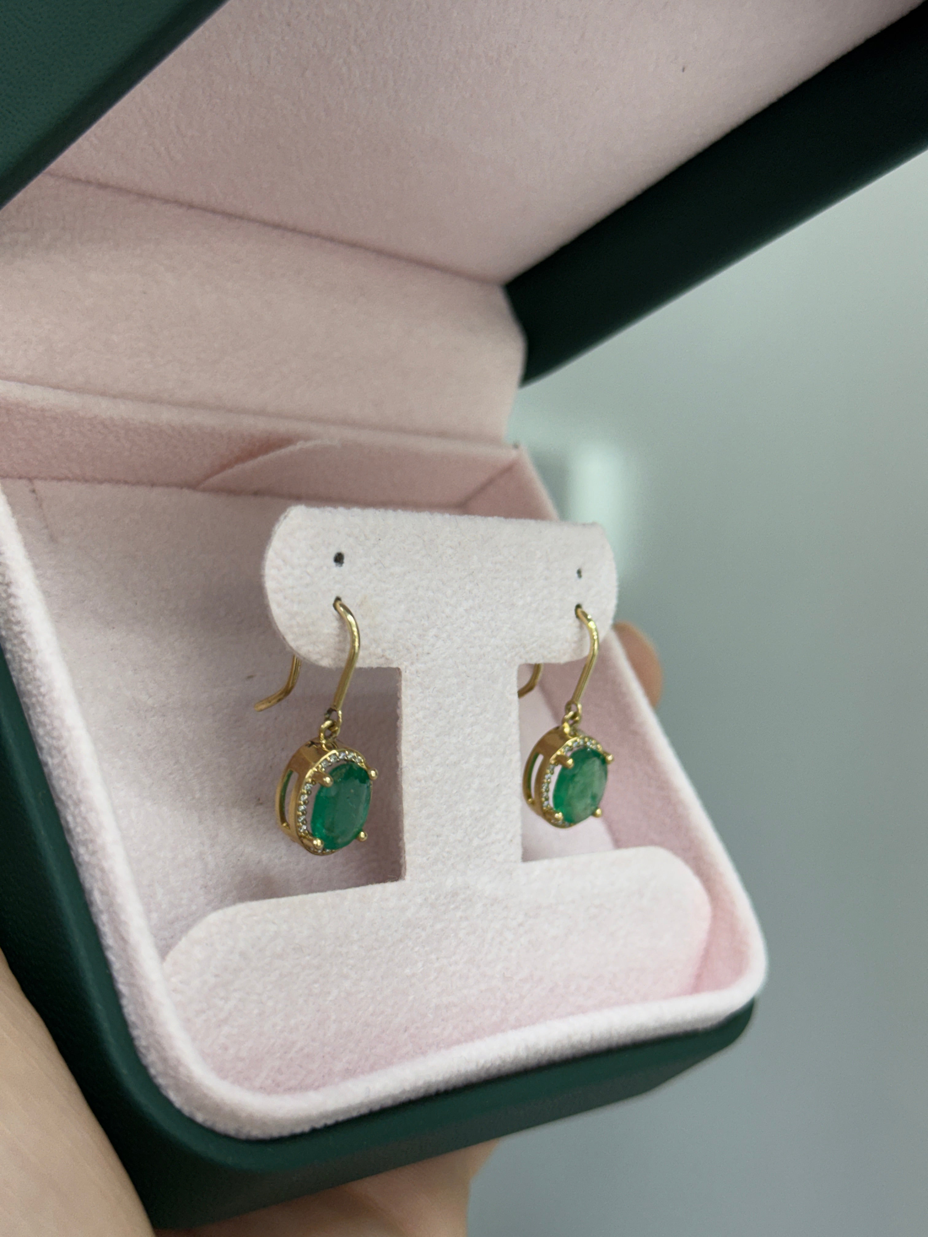 2.90tcw 14K Natural Oval Emerald & Diamond Bishop Hook Earrings