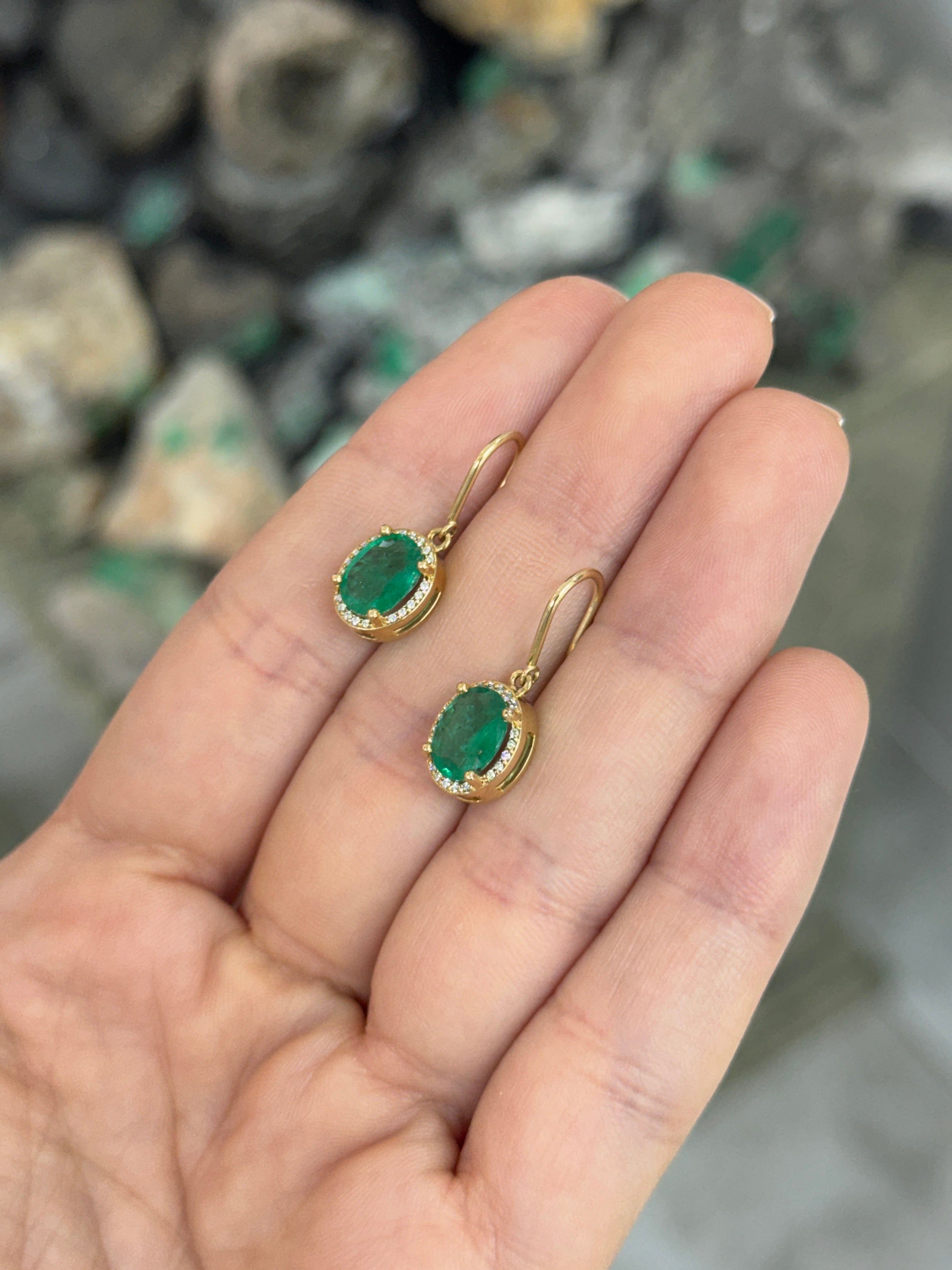 2.90tcw 14K Natural Oval Emerald & Diamond Bishop Hook Earrings