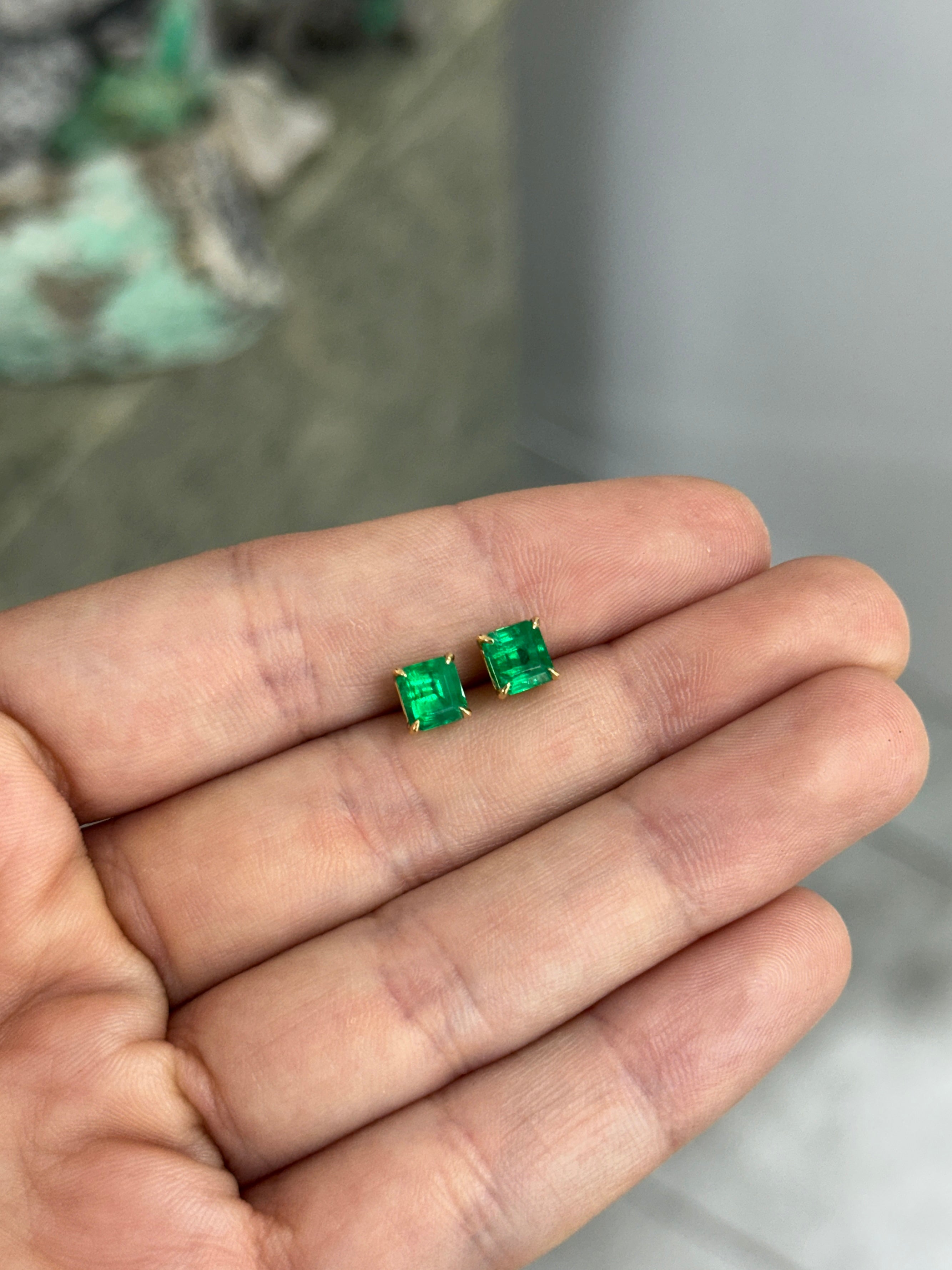 2.02tcw 5.5mm AAA+ Asscher Cut Colombian Emerald Studs 18K