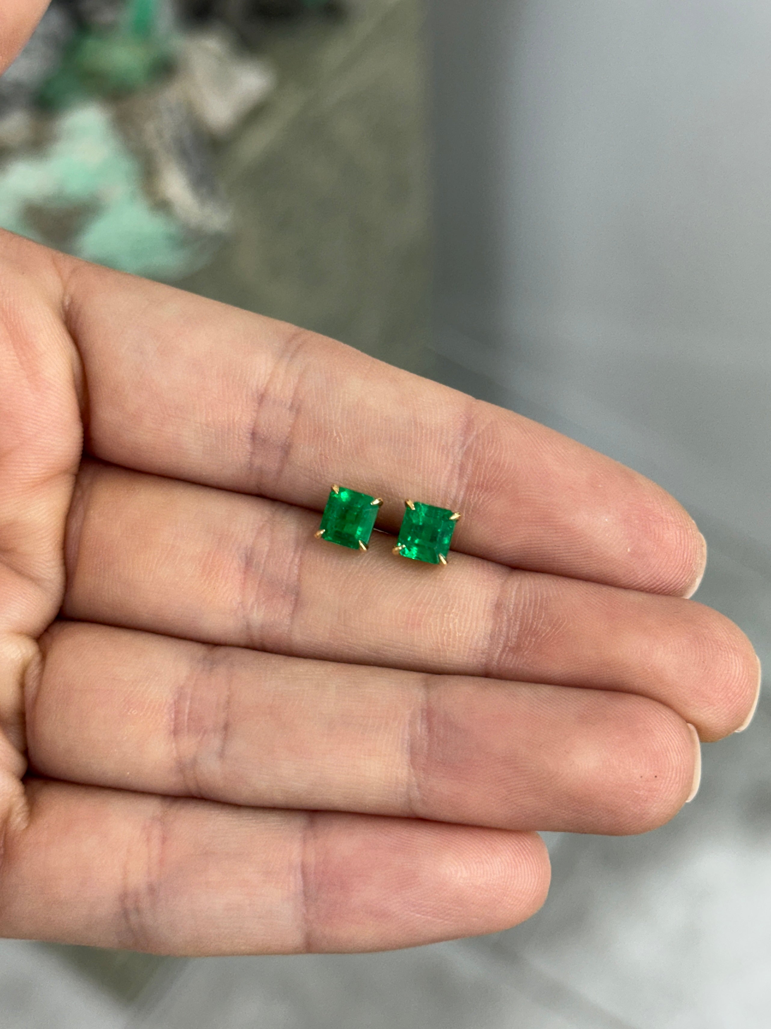 2.02tcw 5.5mm AAA+ Asscher Cut Colombian Emerald Studs 18K
