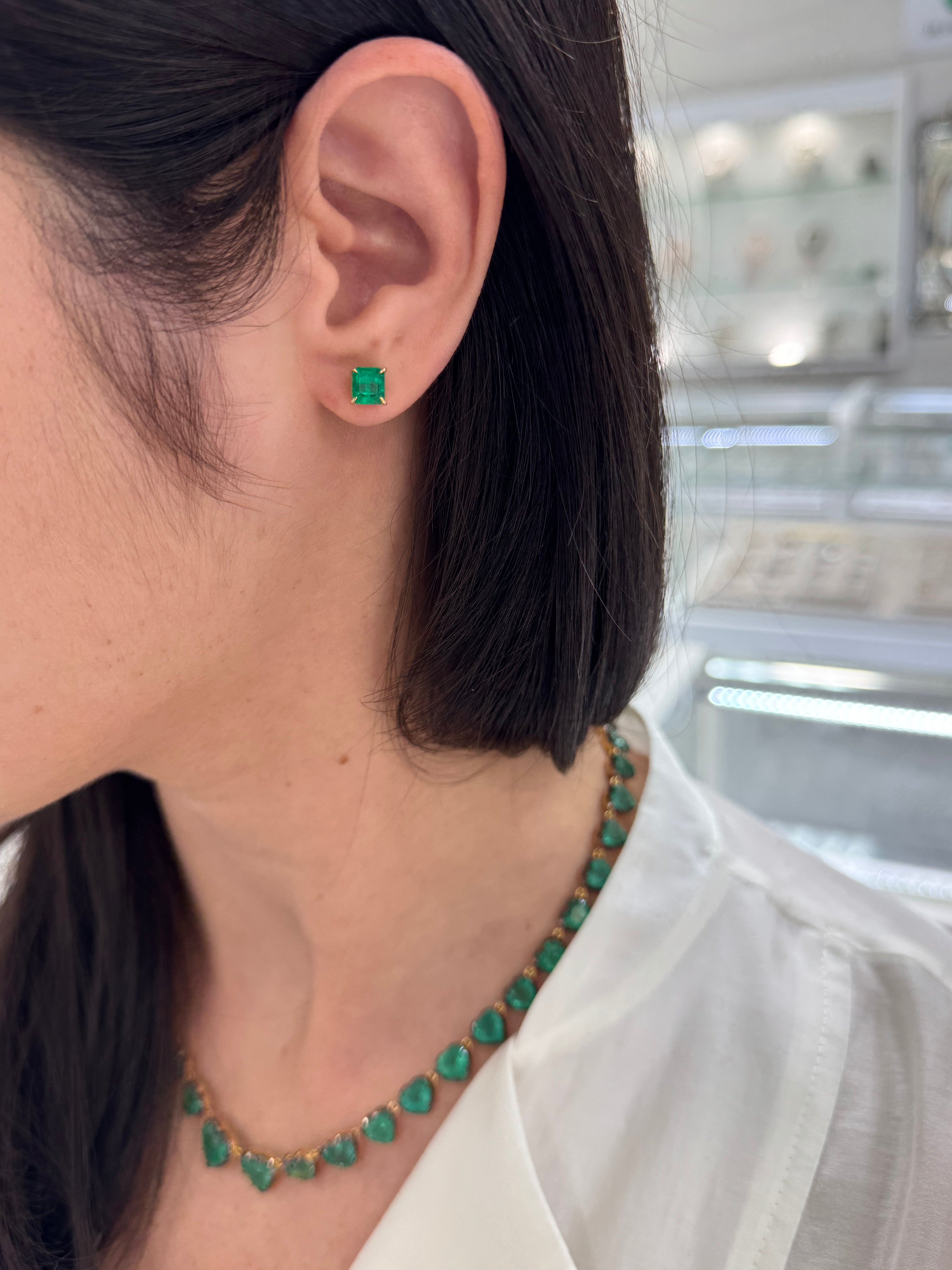 2.02tcw 5.5mm AAA+ Asscher Cut Colombian Emerald Studs 18K