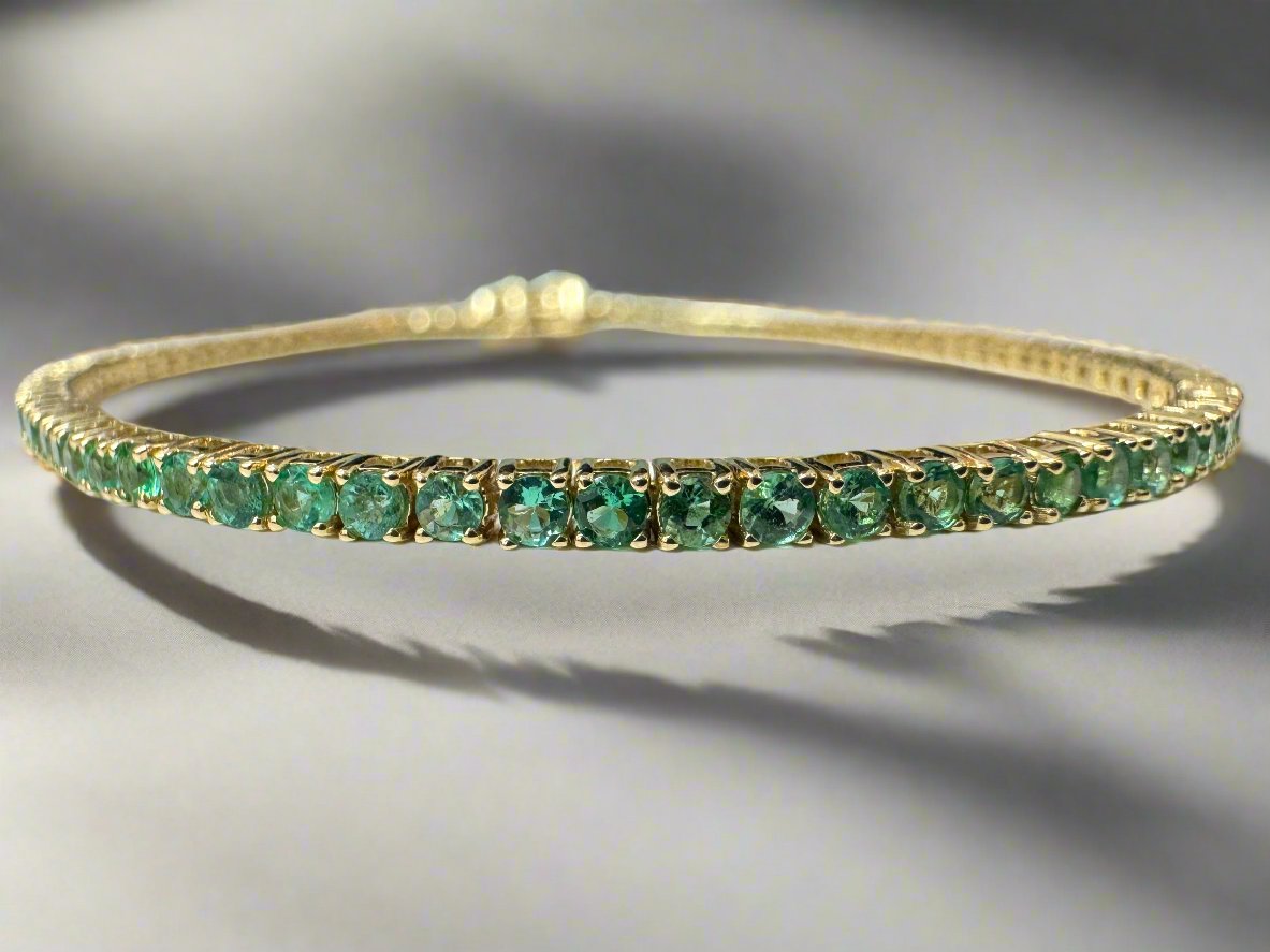 3.90ct+ classic natural round emerald tennis bracelet in 14K gold, 7 inches long