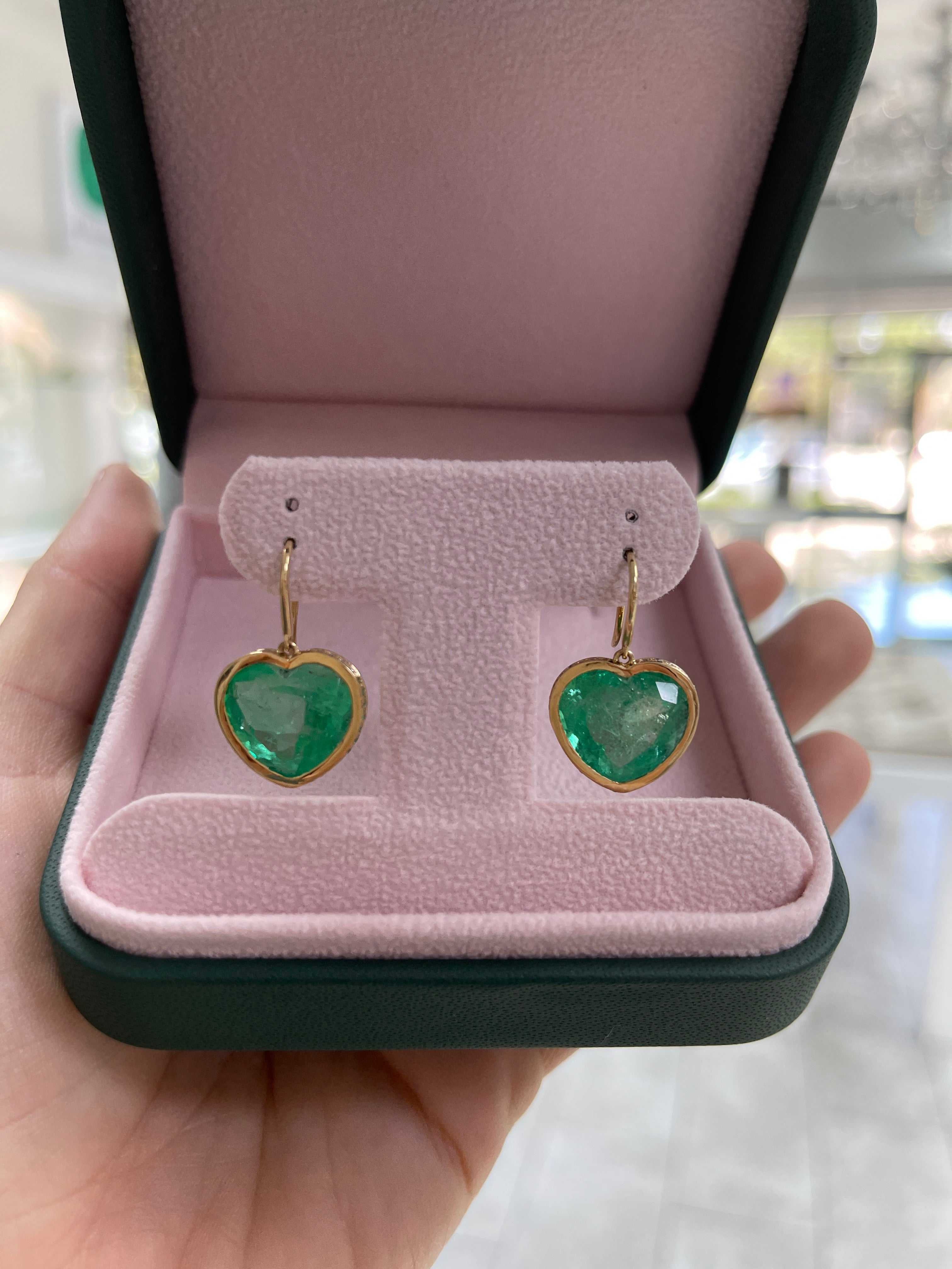 17.40tcw Bubbly Colombian Emerald Heart Dangle Earrings with Ombre Diamond & Emerald Bezel 18K - JR Colombian Emeralds