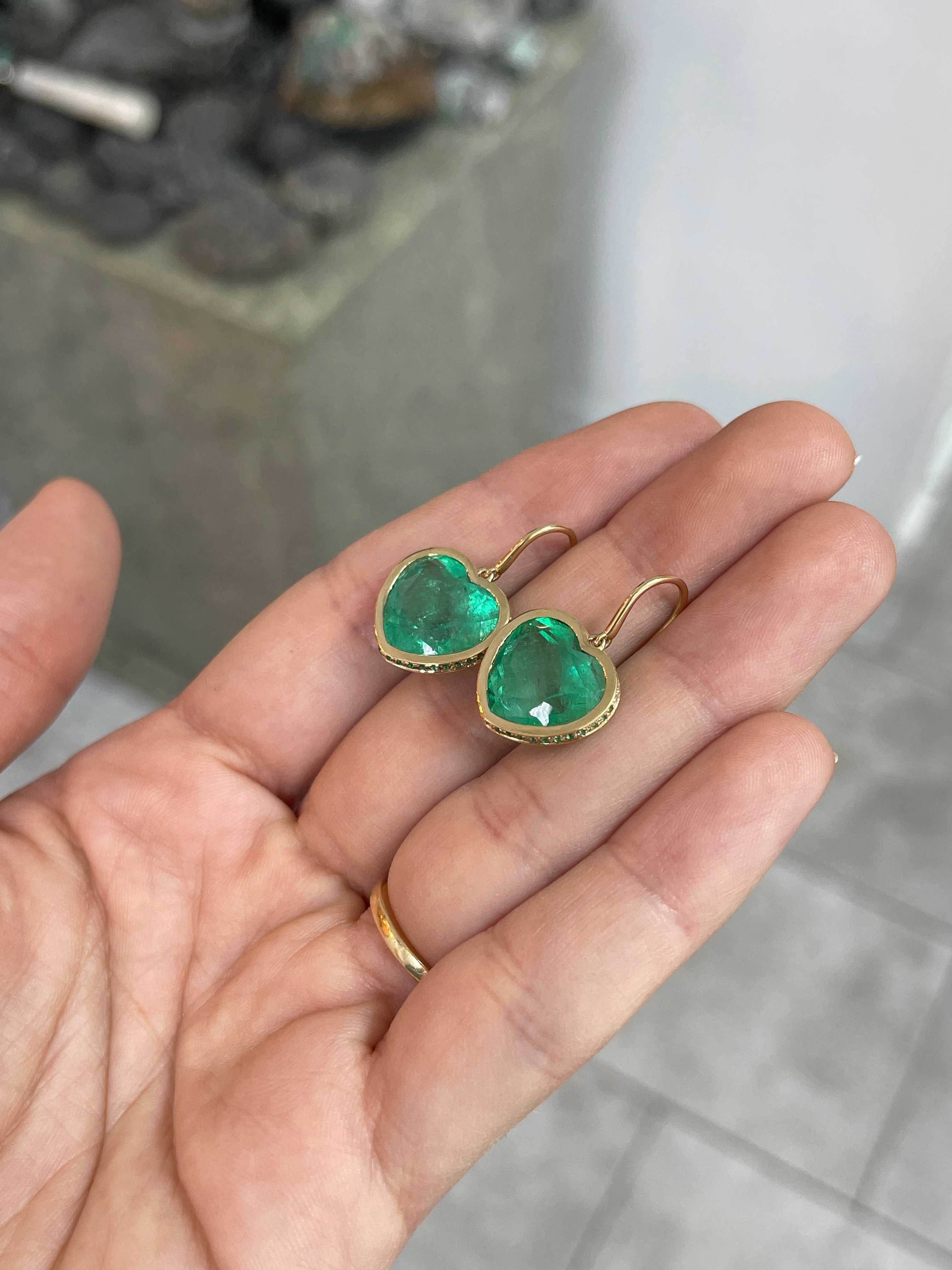 17.40tcw Bubbly Colombian Emerald Heart Dangle Earrings with Ombre Diamond & Emerald Bezel 18K - JR Colombian Emeralds