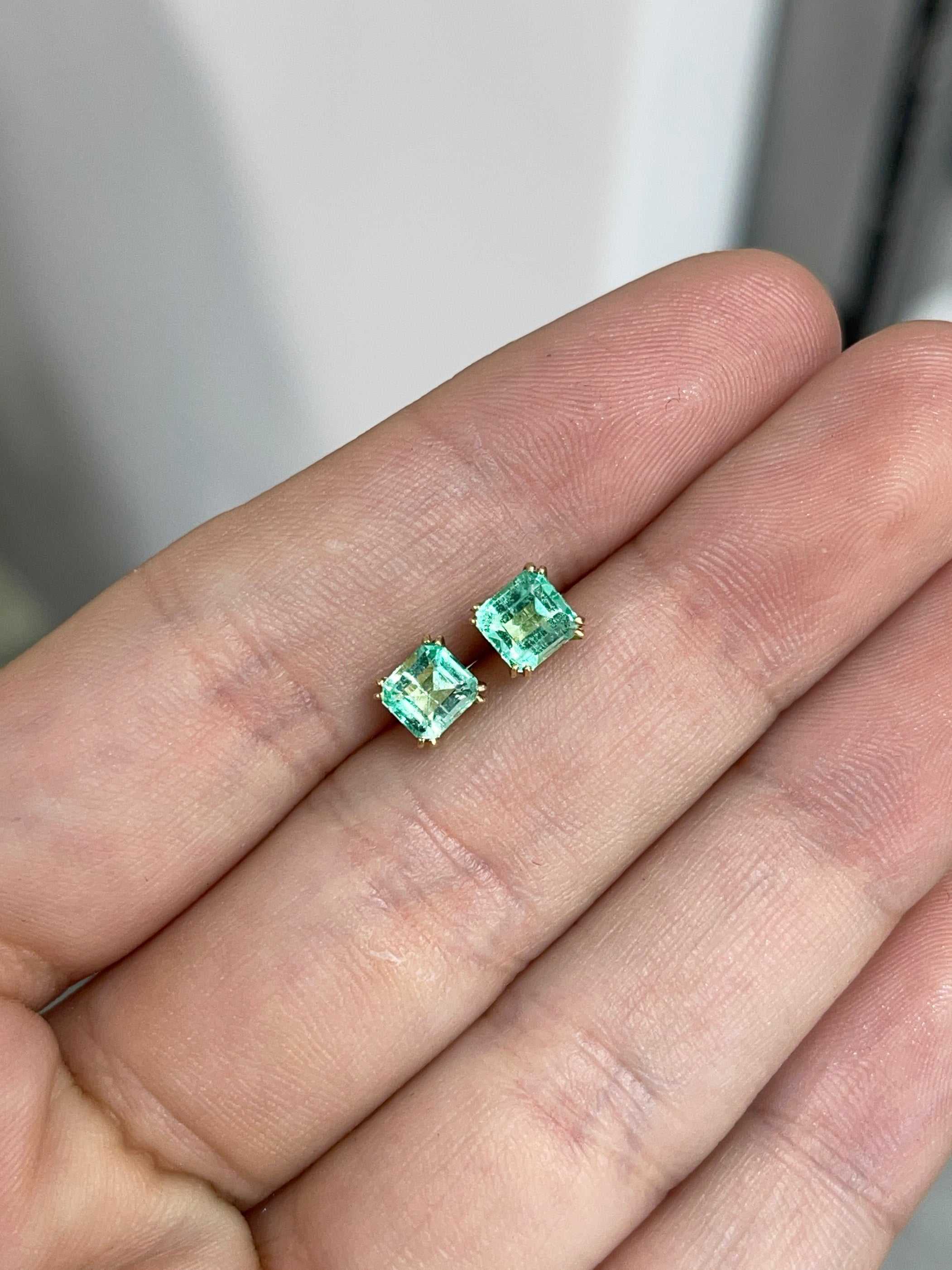 1.73tcw Asscher Cut Rich Green Colombian Emerald Earrings 14K