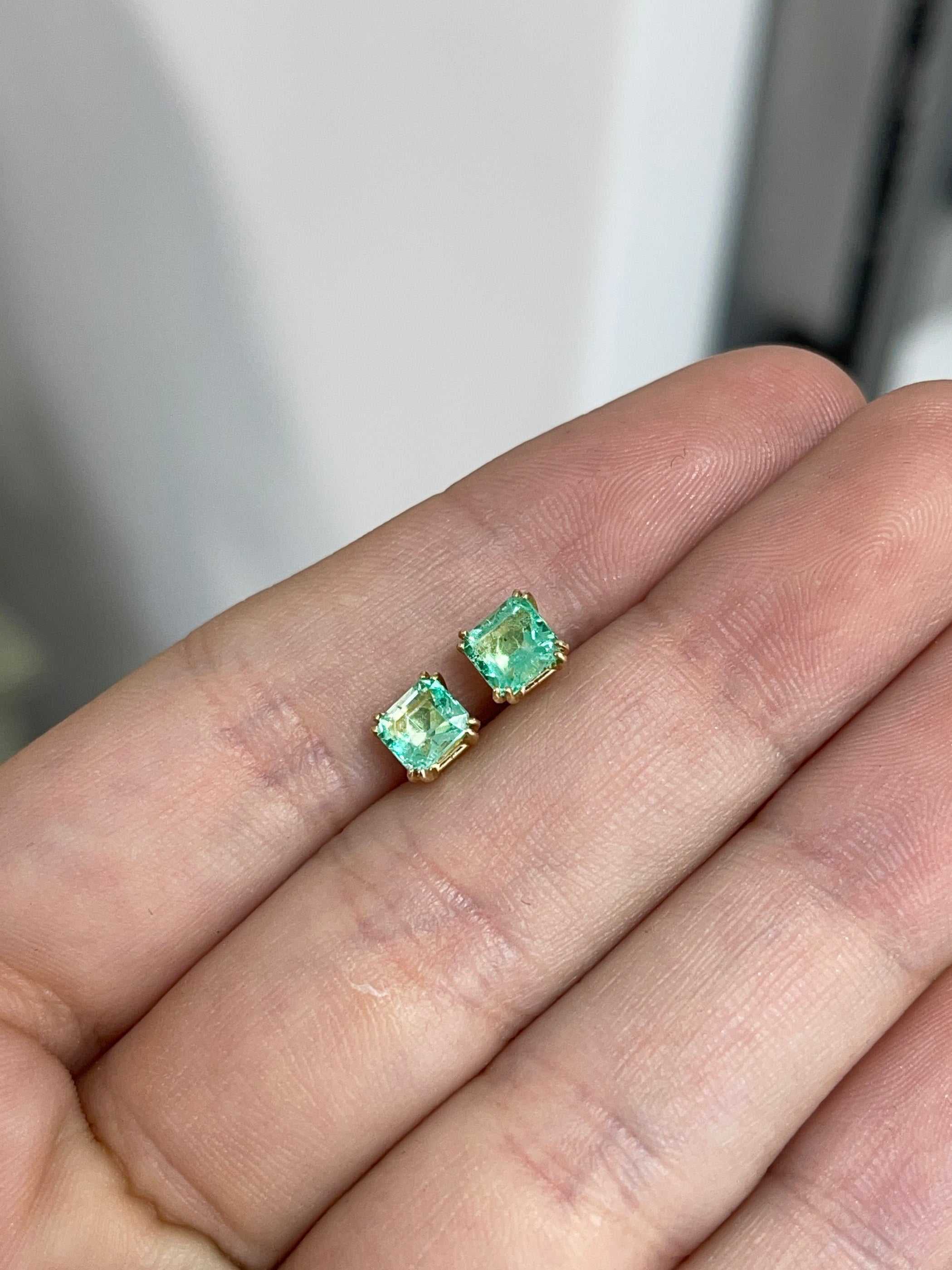 1.73tcw Asscher Cut Rich Green Colombian Emerald Earrings 14K