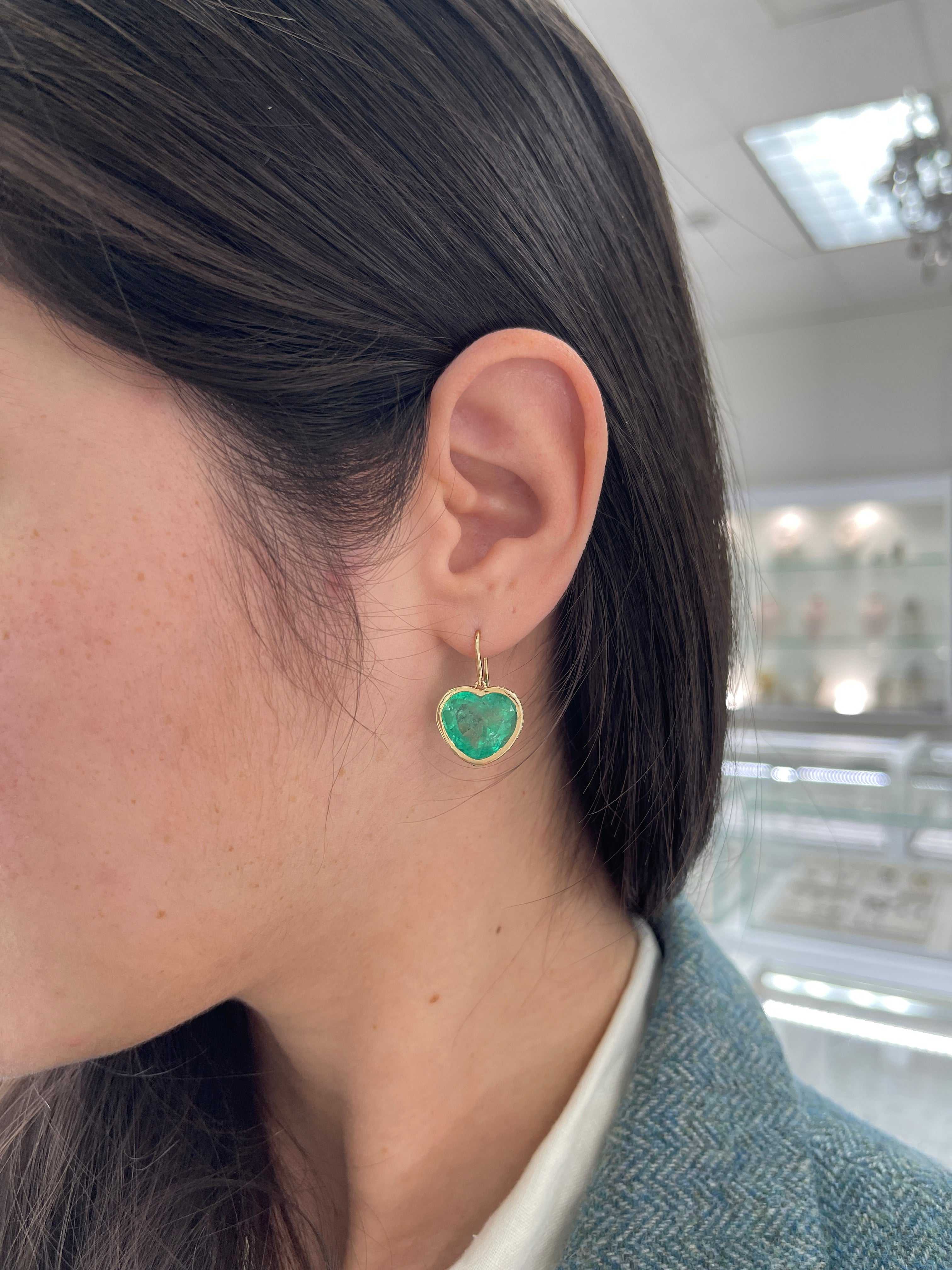 17.40tcw Bubbly Colombian Emerald Heart Dangle Earrings with Ombre Diamond & Emerald Bezel 18K - JR Colombian Emeralds