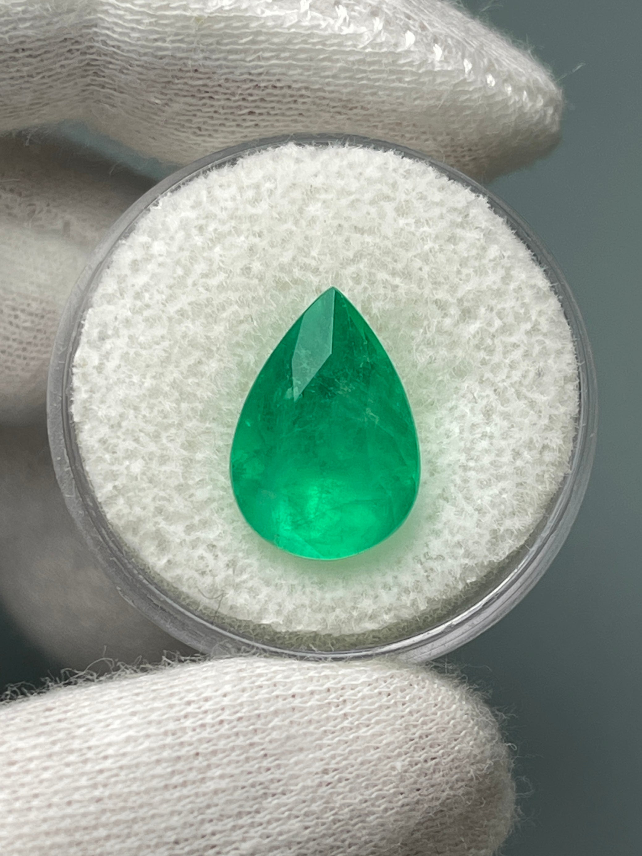 6.01 carat 14x10 Medium Yellowish Green Natural Loose Colombian Emerald-Pear Cut - JR Colombian Emeralds