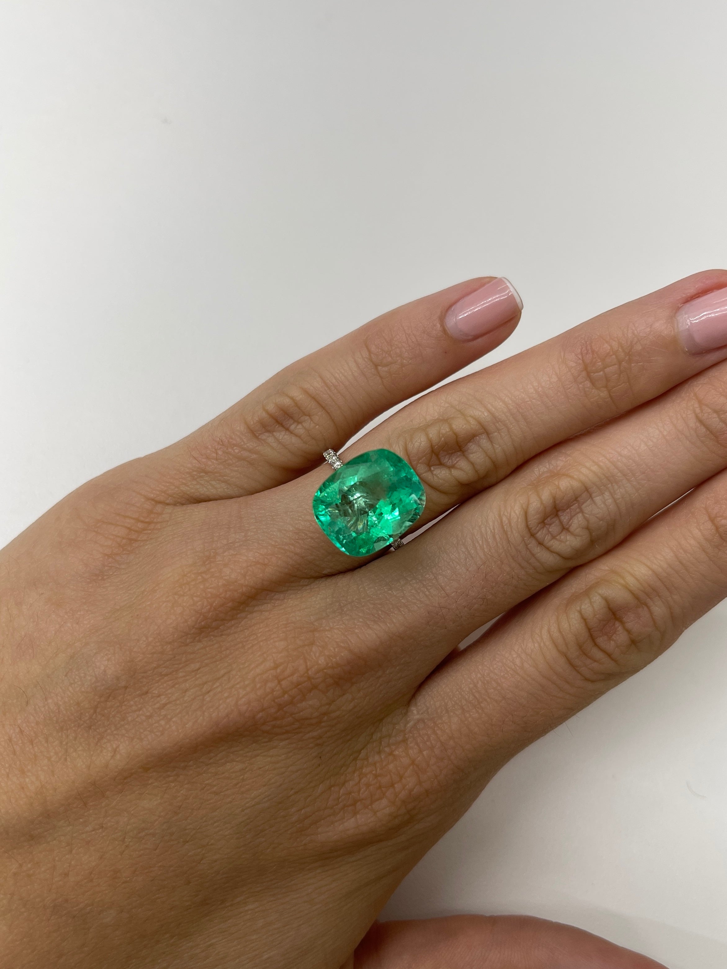 Large 11.50 Carat 15.5x13 Spready Muzo Yellowish Natural Cushion Colombian Emerald - JR Colombian Emeralds