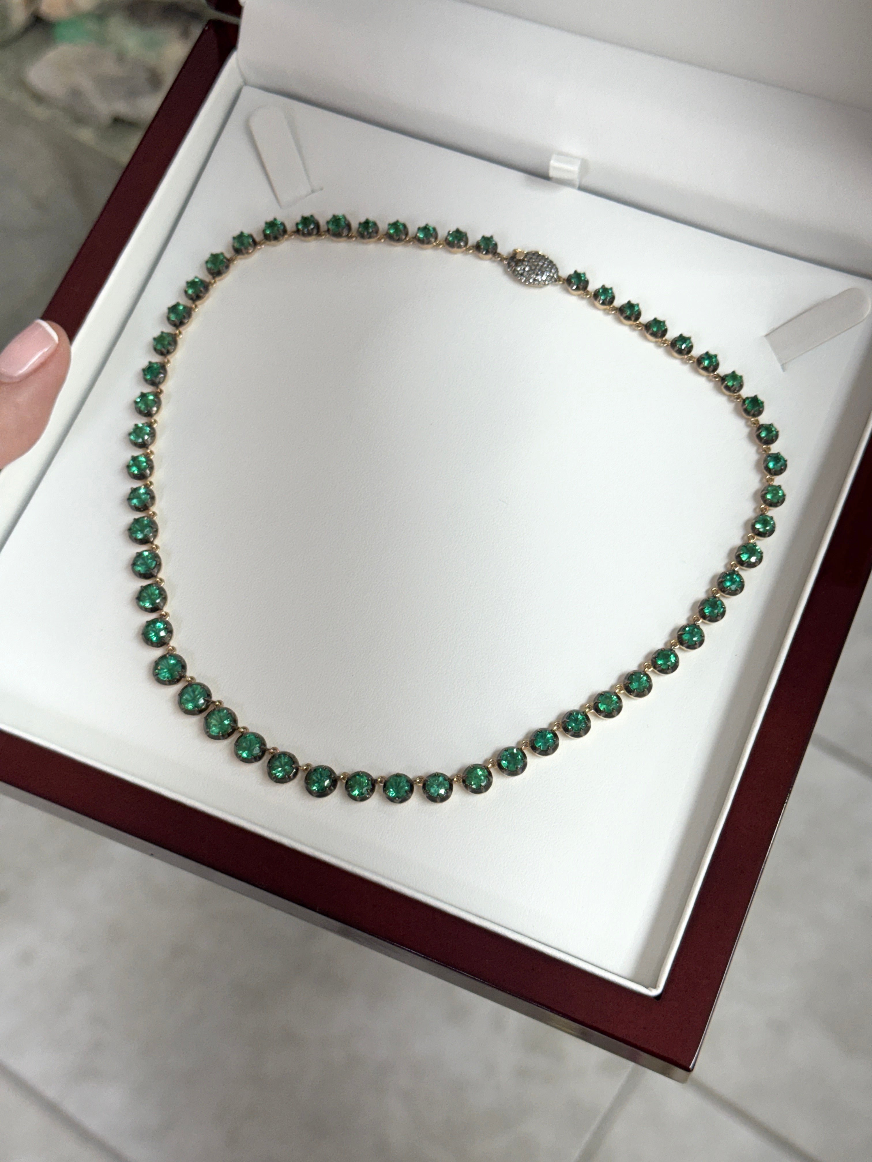 20.05tcw Georgian Natural Emerald Tennis Necklace 18" 14K Gold