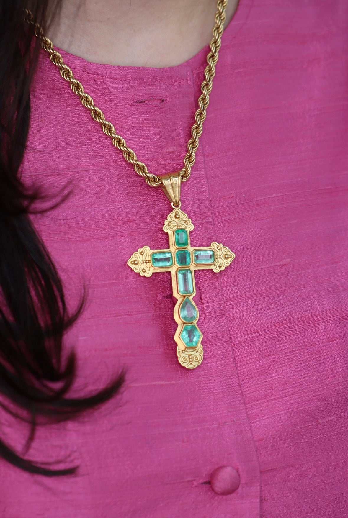 AS SEEN ON INSTAGRAM: 24.55TCW Massive Natural Colombian Emerald Pre Columbian Cross Sterling Silver with Gold Plate - JR Colombian Emeralds