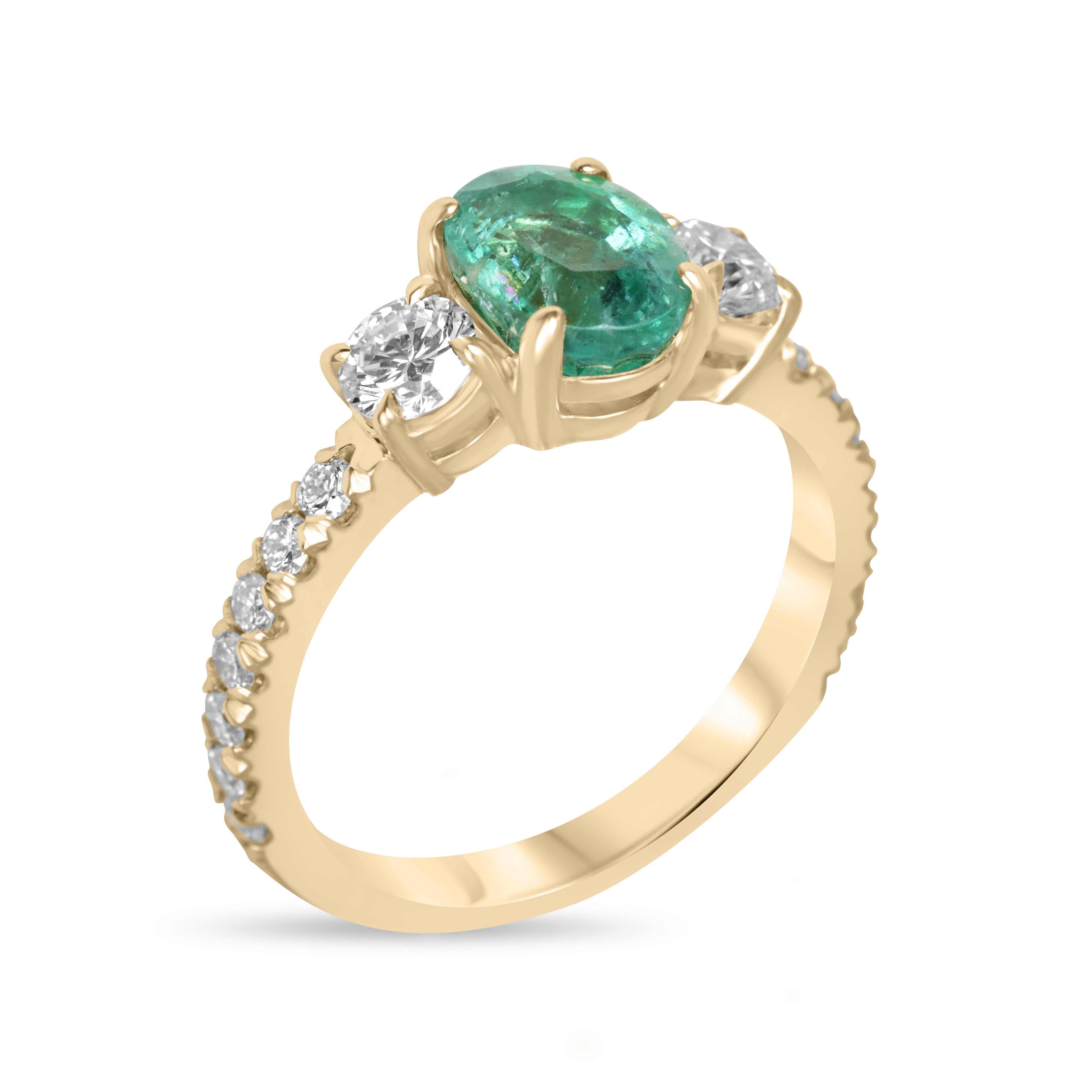 Oval emerald and round lab diamond three-stone ring with accent diamonds in 14K gold by JR Colombian Emeralds.