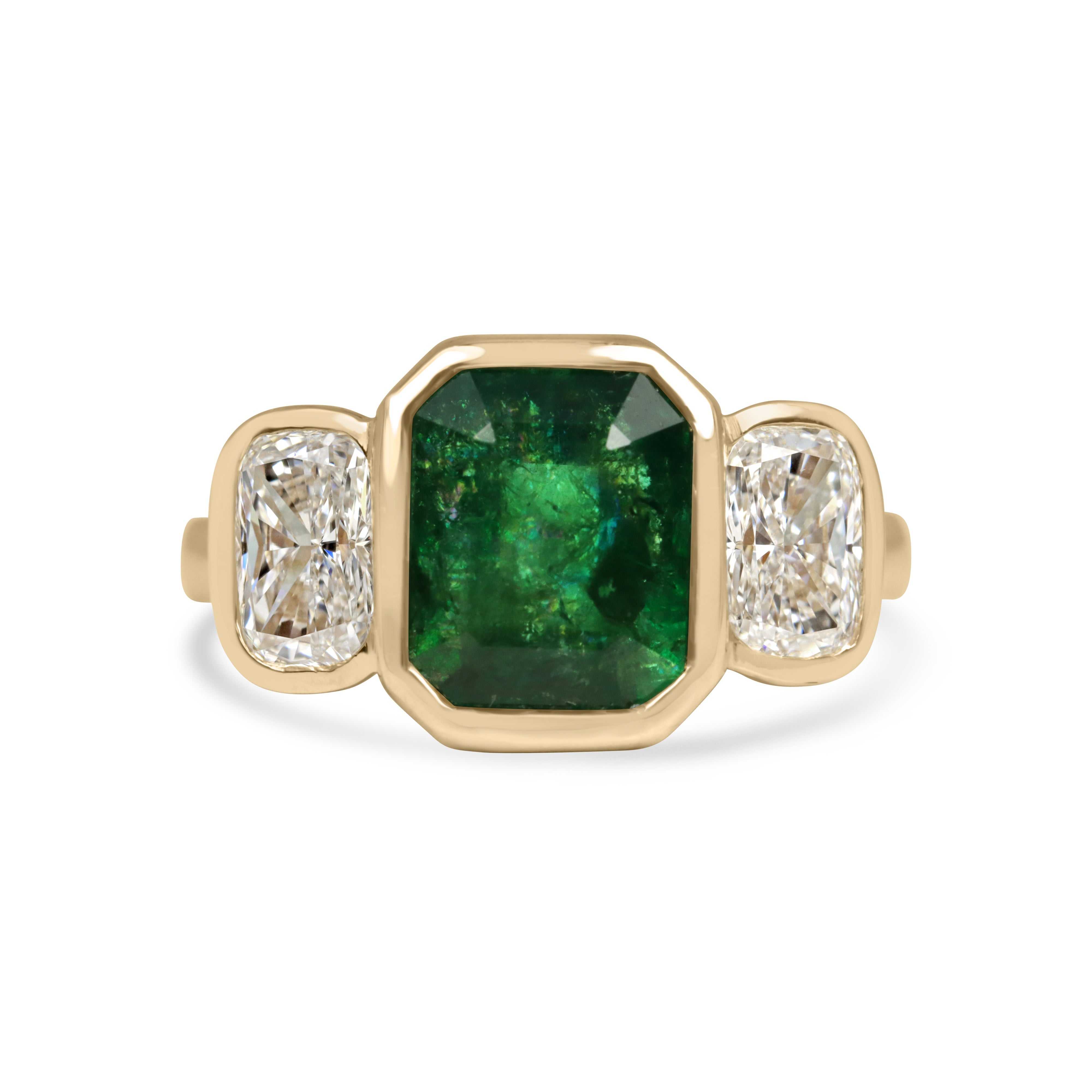 14K yellow gold bezel set emerald and cushion cut lab diamond three-stone ring