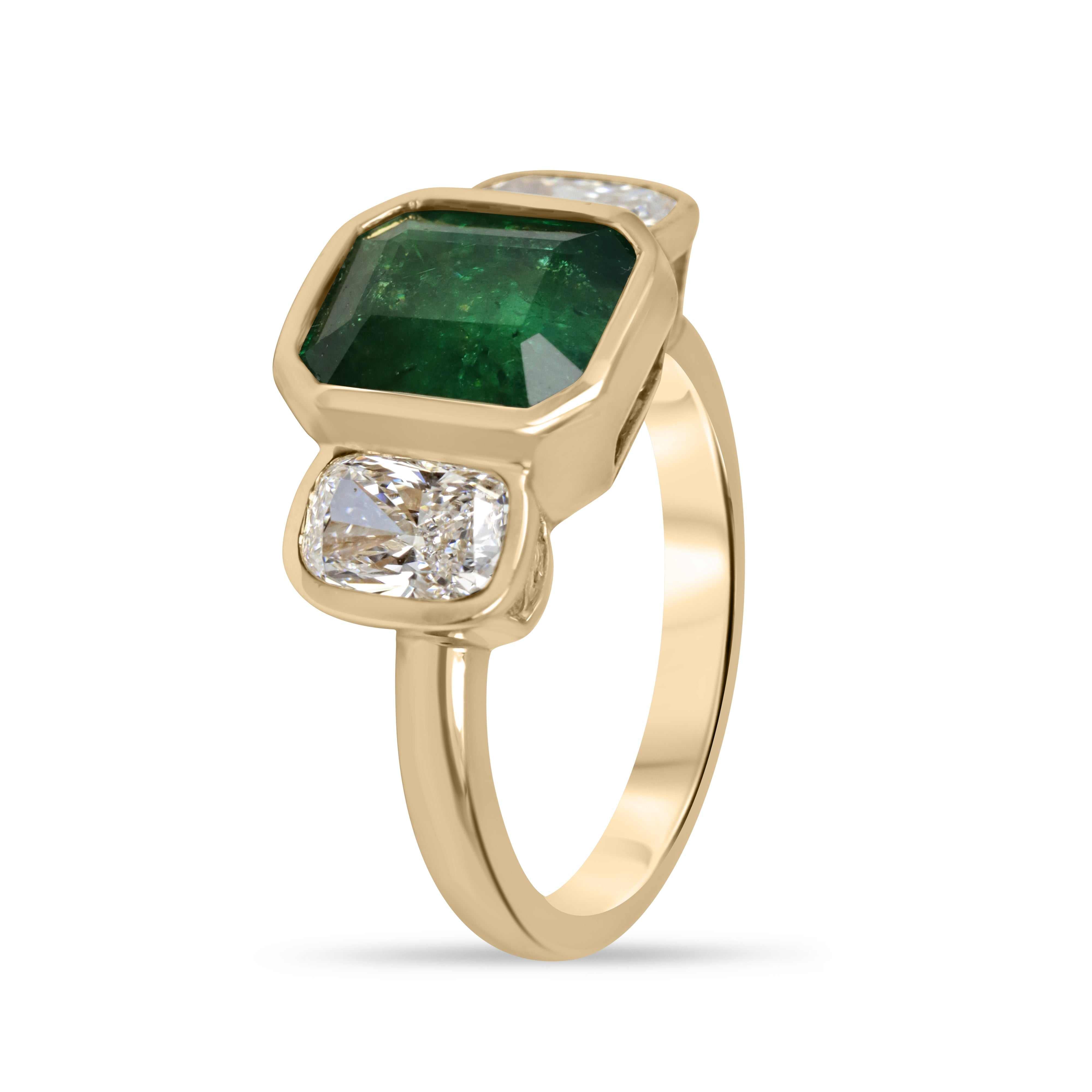 3.70tcw Bezel Set Emerald & Cushion Cut Lab Diamond Three Stone Ring 14K