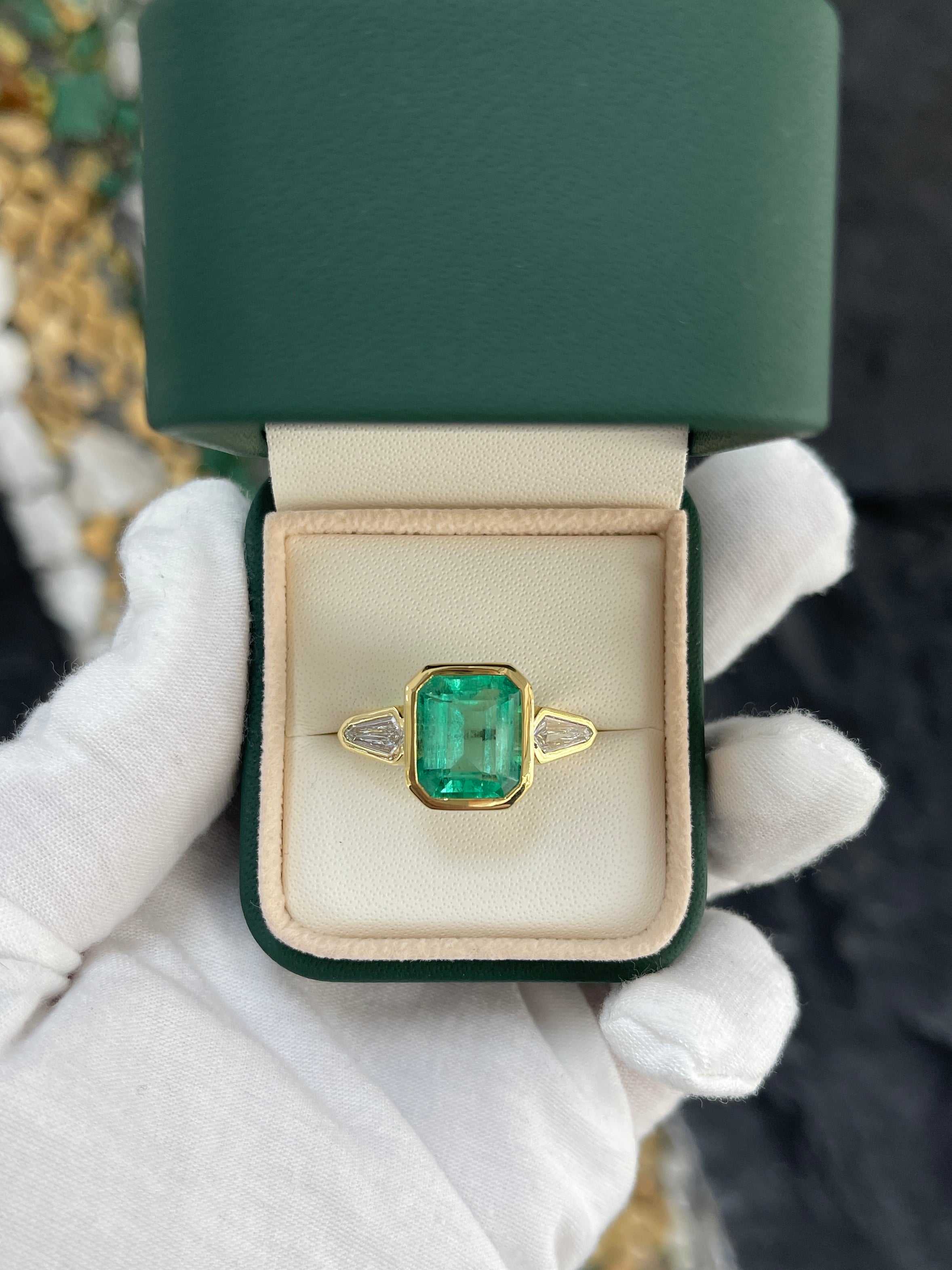 7.49tcw Colombian Emerald & Kite Diamond Three Stone Ring 18K Gold Bezel Set - JR Colombian Emeralds
