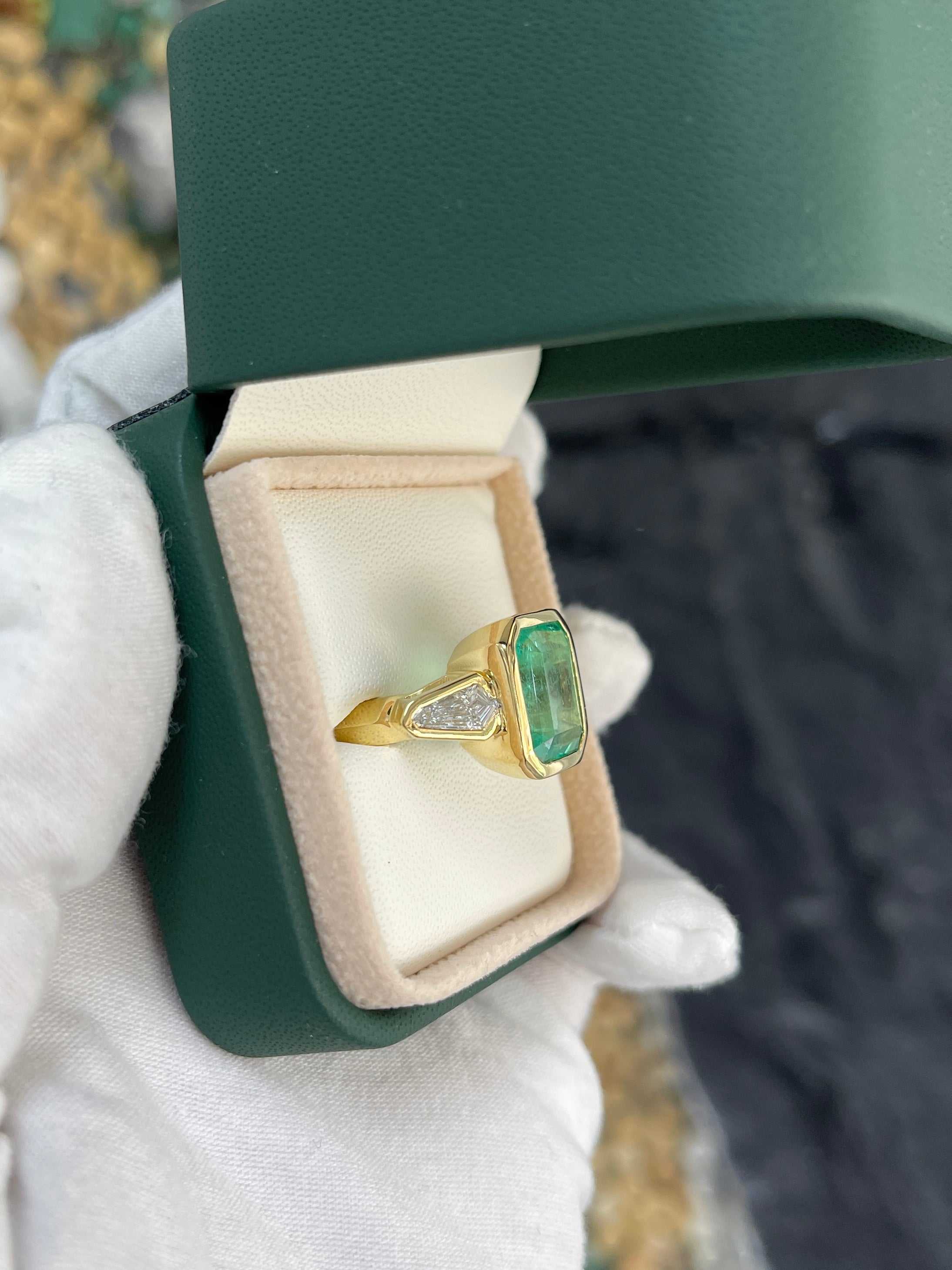 7.49tcw Colombian Emerald & Kite Diamond Three Stone Ring 18K Gold Bezel Set - JR Colombian Emeralds