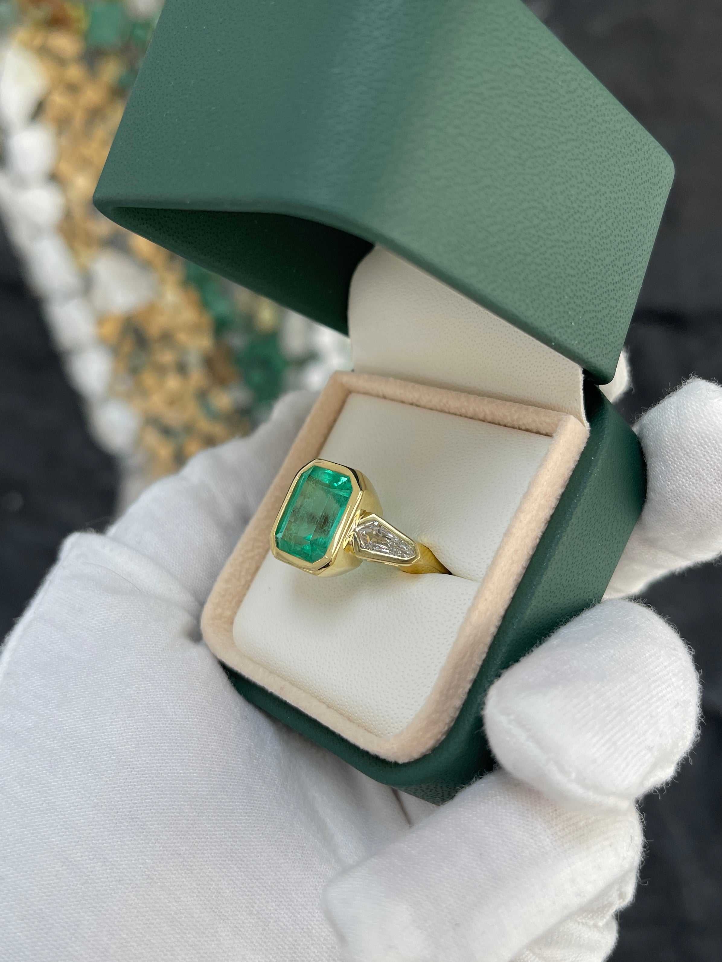 7.49tcw Colombian Emerald & Kite Diamond Three Stone Ring 18K Gold Bezel Set - JR Colombian Emeralds