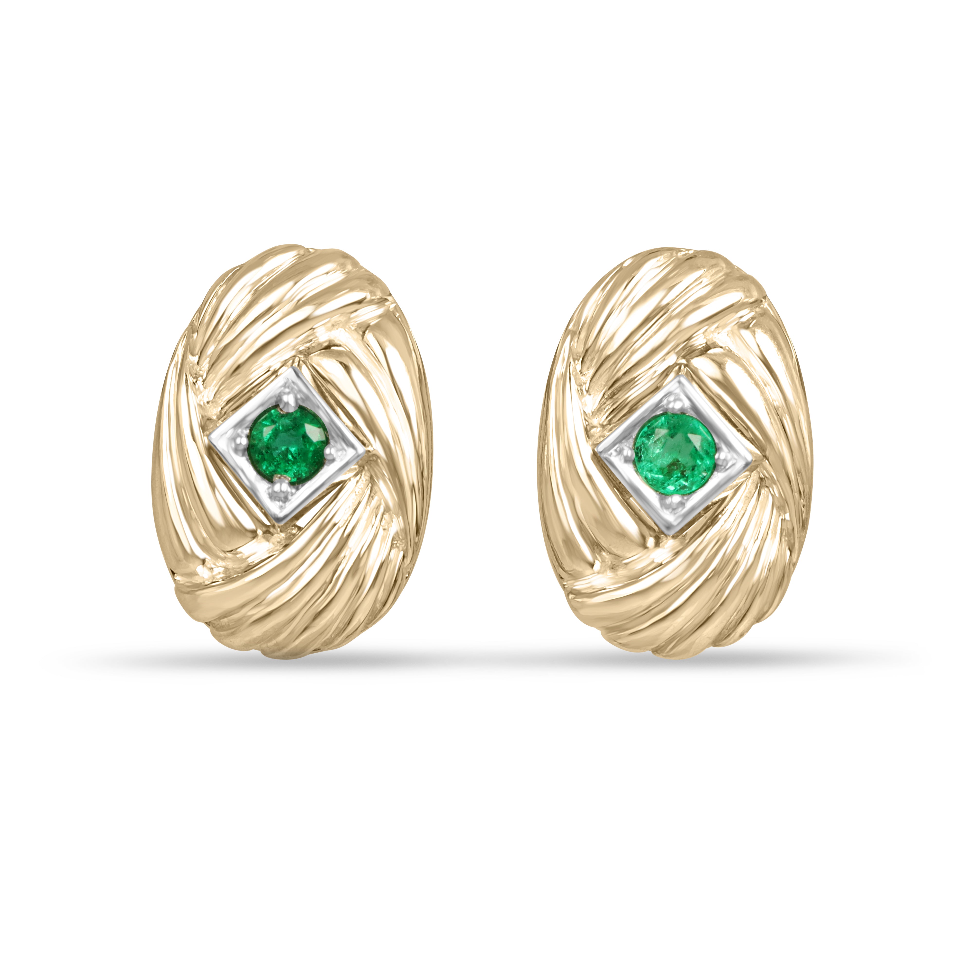 14K gold vintage Zambian emerald statement earrings with scroll and vortex design, featuring 0.70 carats of emeralds by JR Colombian Emeralds