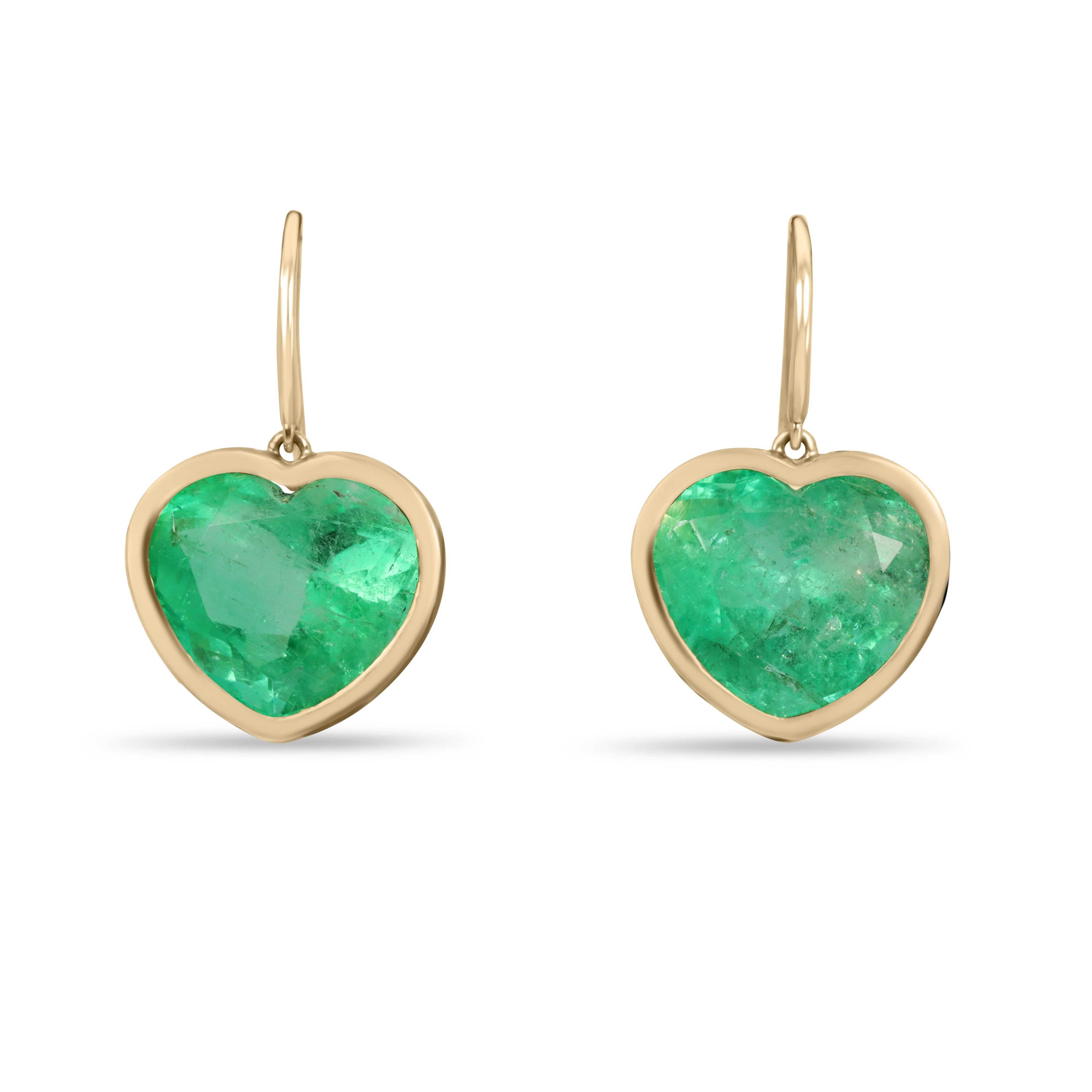 17.40tcw bubbly Colombian emerald heart dangle earrings with ombre diamond and emerald bezel in 18K gold