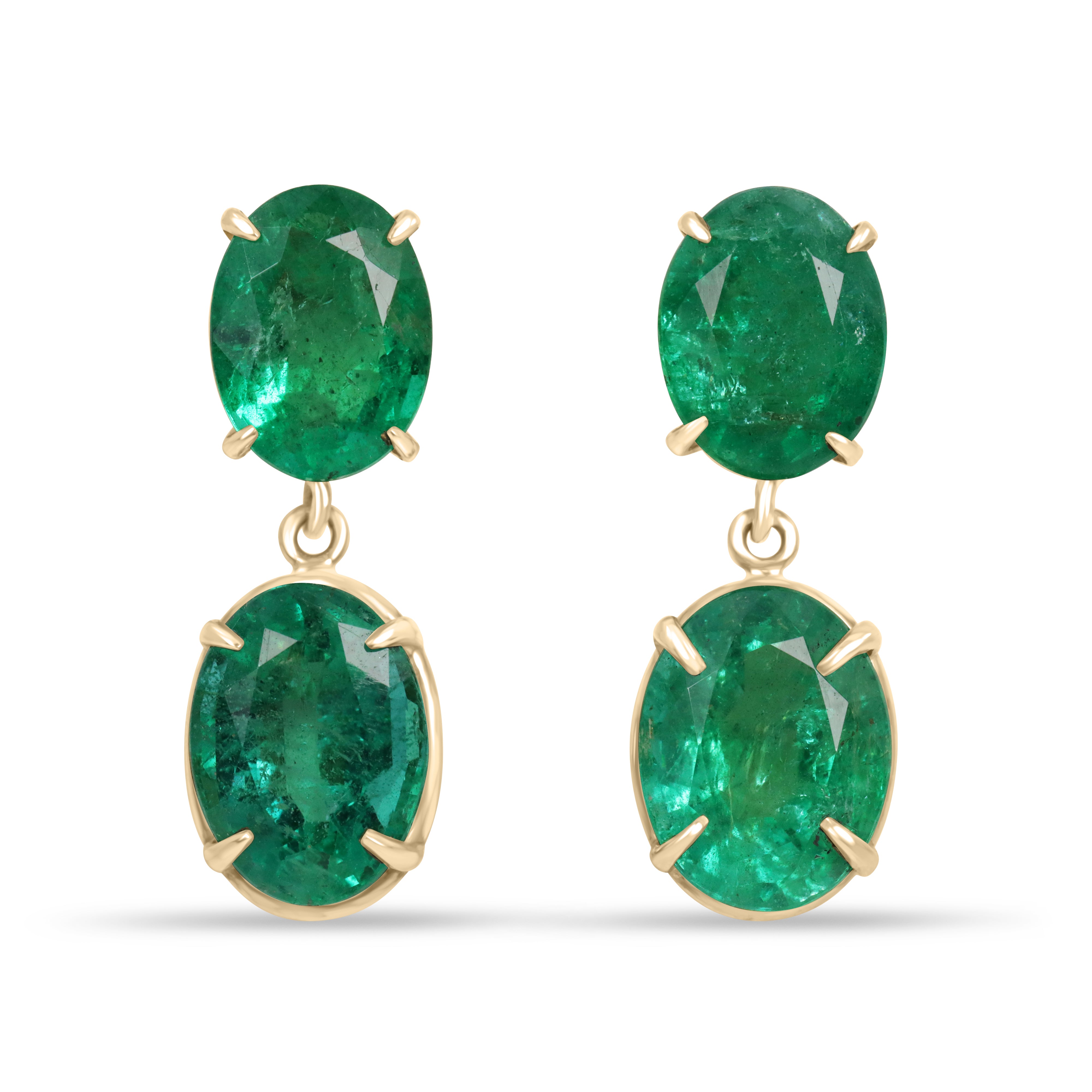 8.18tcw 18K Oval Emerald Dangle Earrings Medium Deep Bluish Green Zambian Emeralds