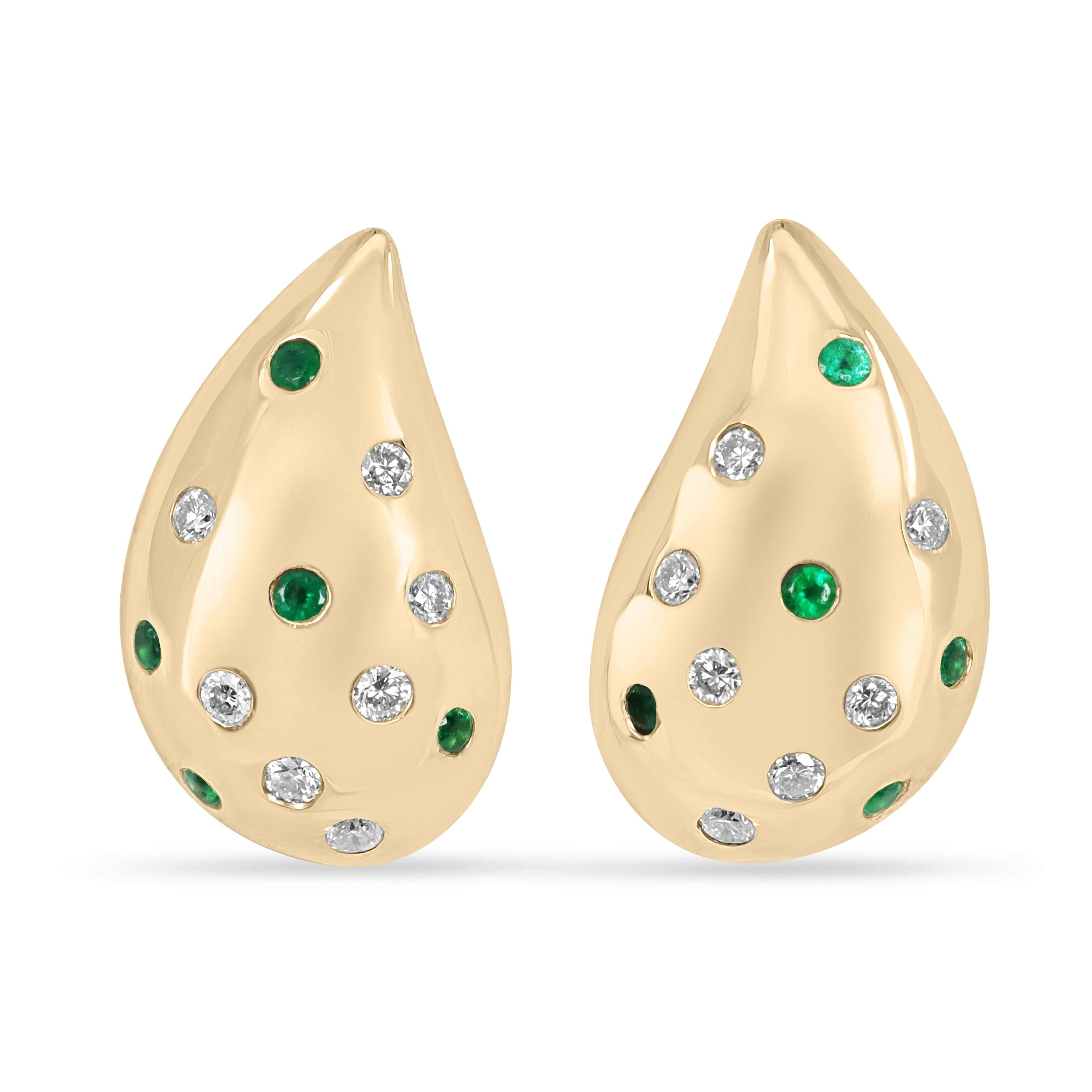 Boucles d'oreilles en forme de goutte d'eau, en émeraude et diamant, montées sur or jaune 14 carats, ornées d'émeraudes vertes rondes et de diamants ronds taille brillant