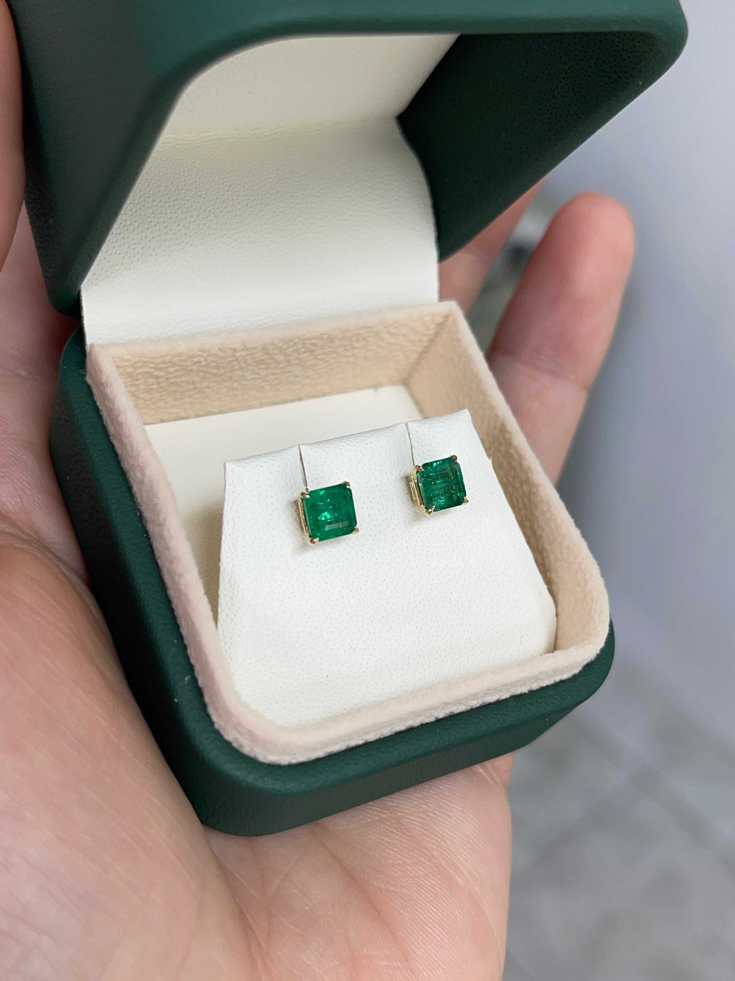 1.48tcw 14K 5x5 Deep Green Zambian Emerald Asscher Cut Solitaire Stud Earring - JR Colombian Emeralds