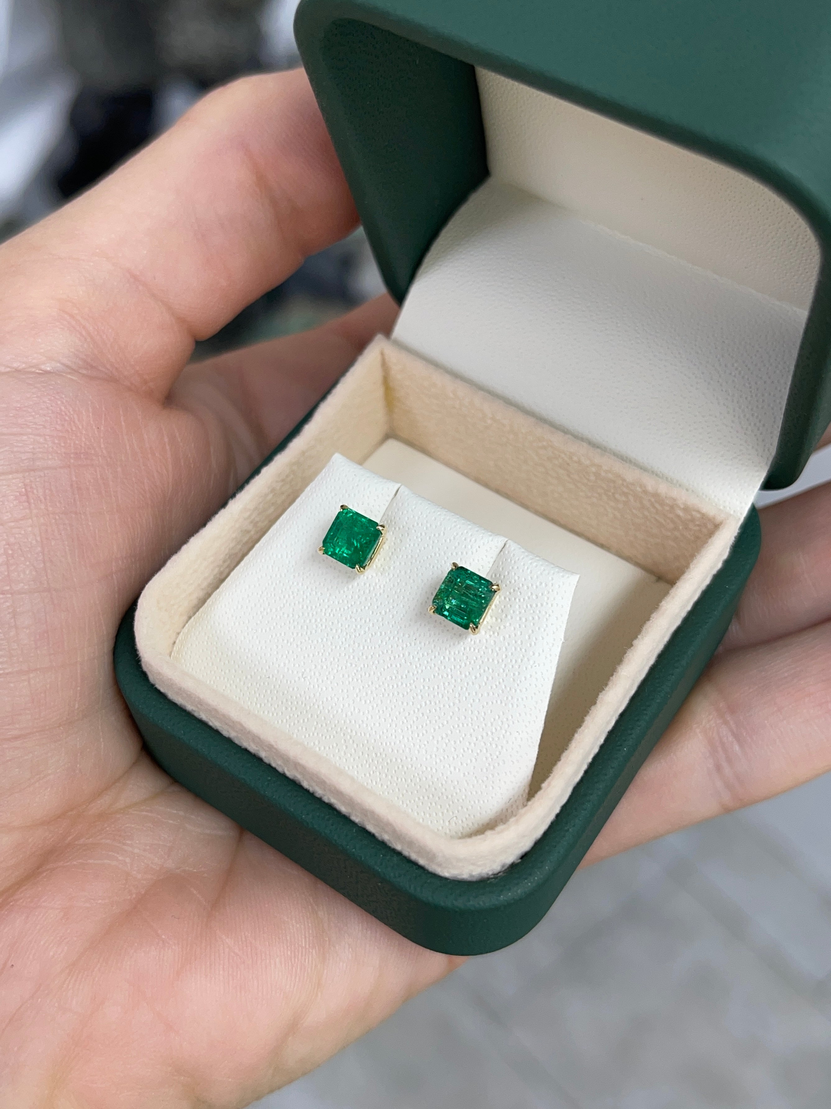 1.48tcw 14K 5x5 Deep Green Zambian Emerald Asscher Cut Solitaire Stud Earring - JR Colombian Emeralds