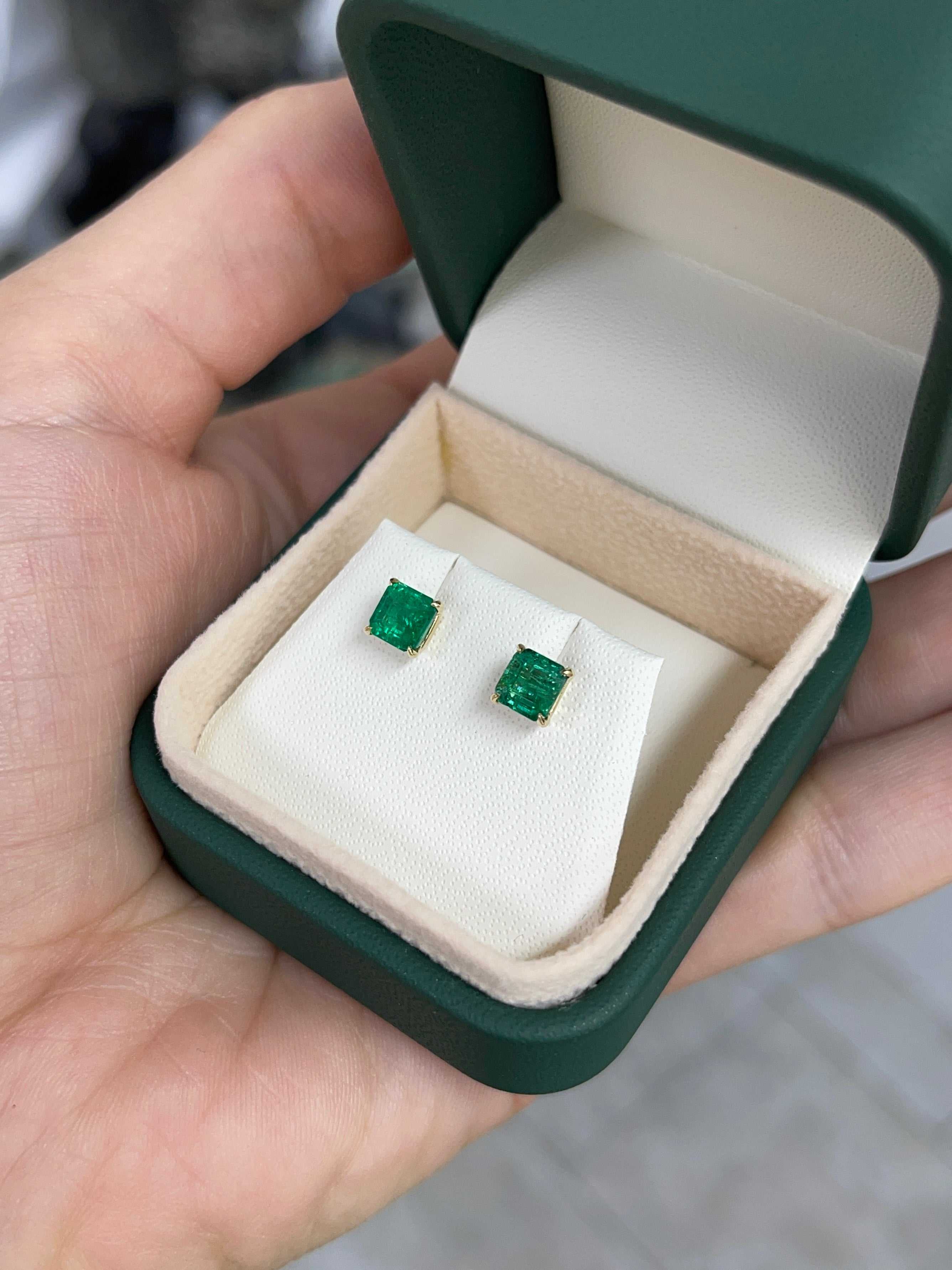 1.48tcw 14K 5x5 Deep Green Zambian Emerald Asscher Cut Solitaire Stud Earring - JR Colombian Emeralds