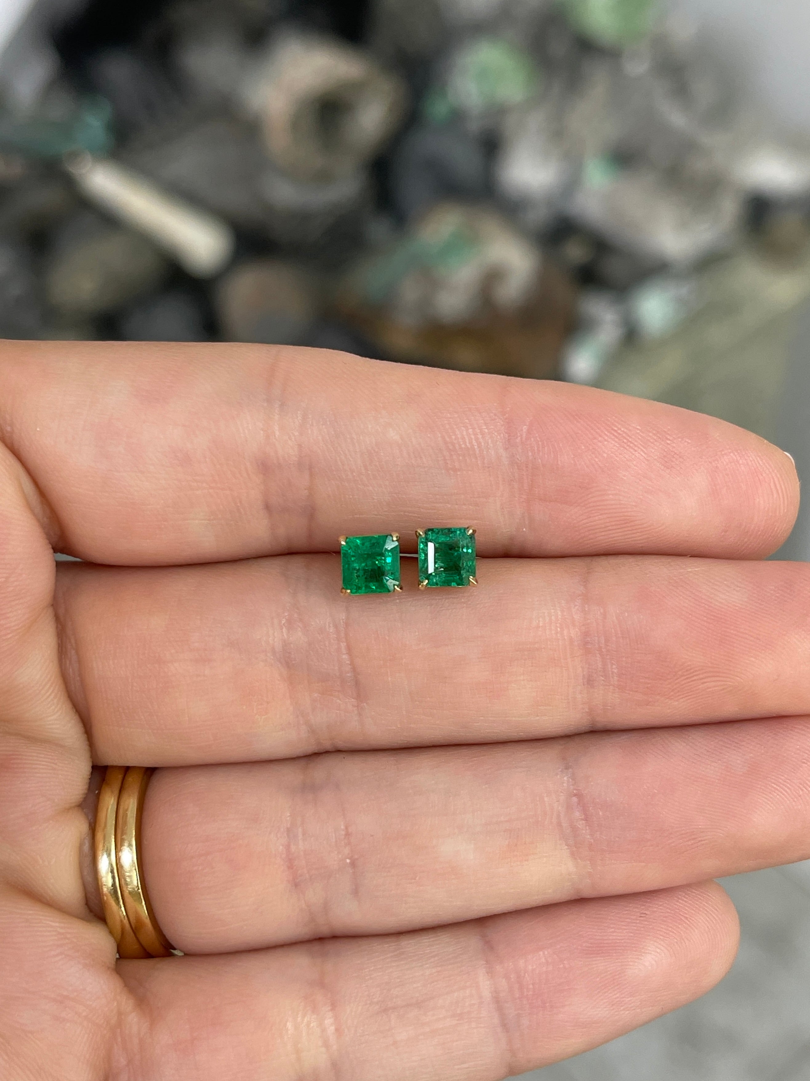 1.48tcw 14K 5x5 Deep Green Zambian Emerald Asscher Cut Solitaire Stud Earring - JR Colombian Emeralds