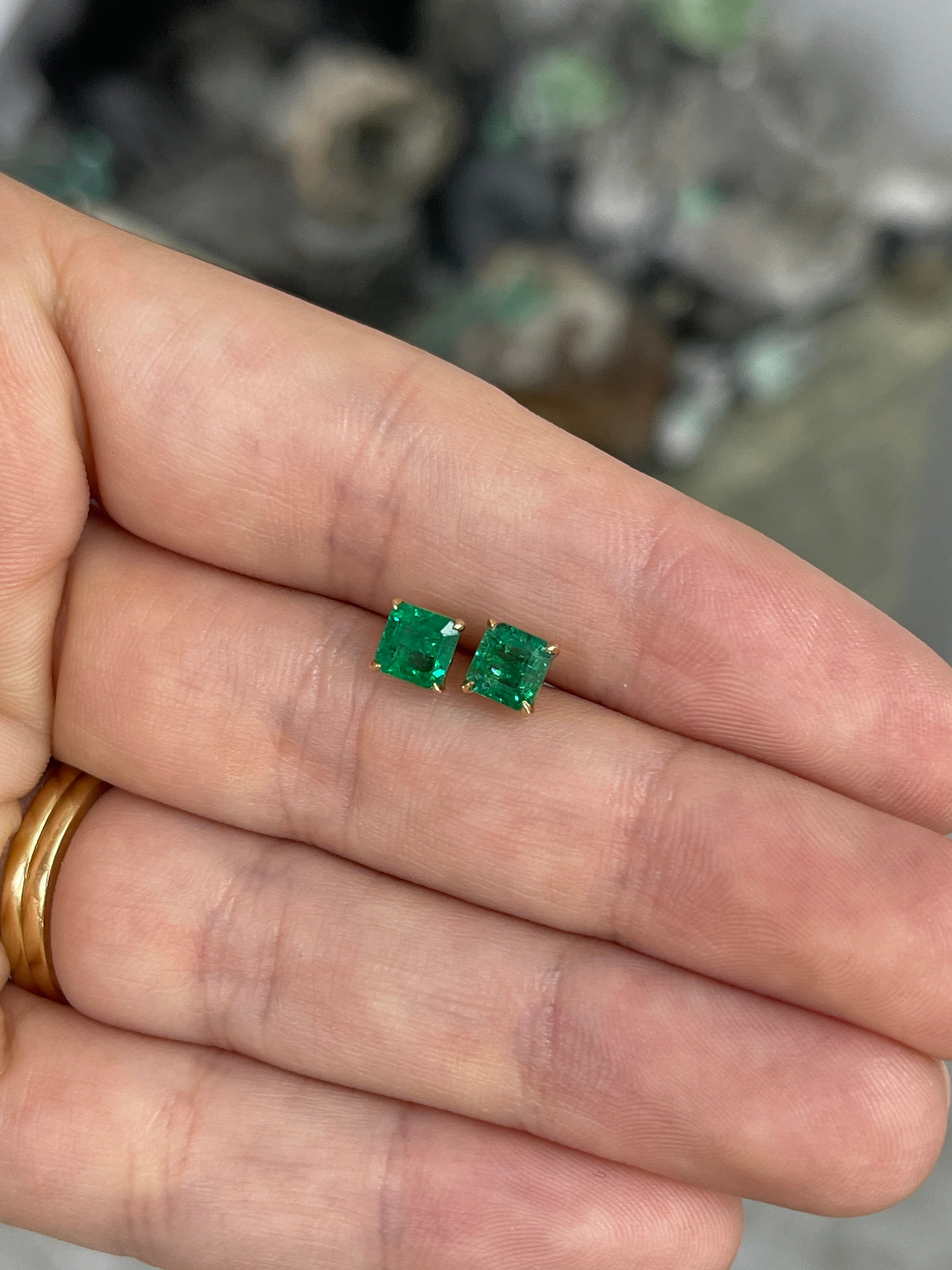 1.48tcw 14K 5x5 Deep Green Zambian Emerald Asscher Cut Solitaire Stud Earring - JR Colombian Emeralds