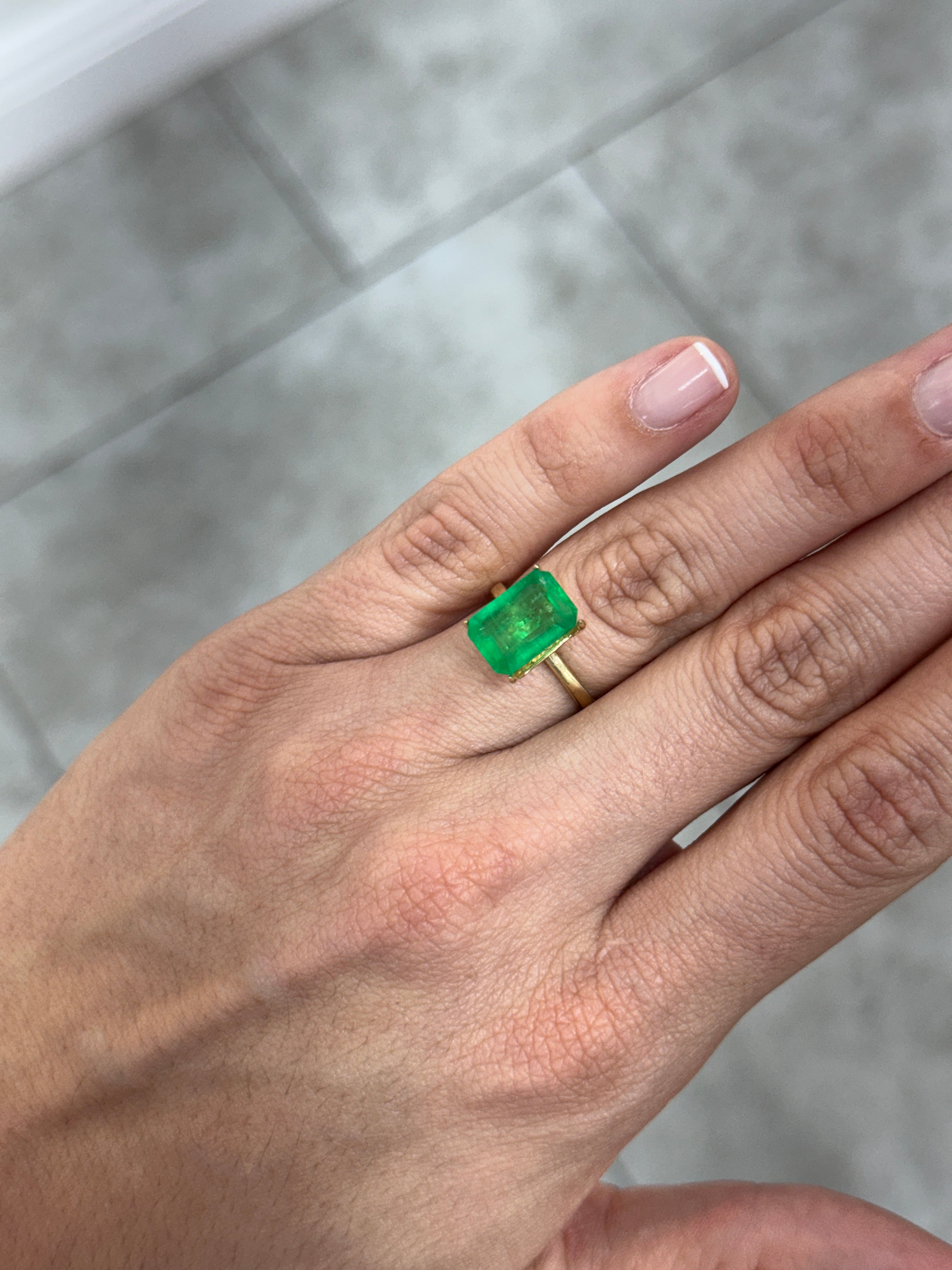 12x8mm Colombian emerald loose gemstone, 4.68 carats, pure chromium green, emerald cut, from JR Colombian Emeralds