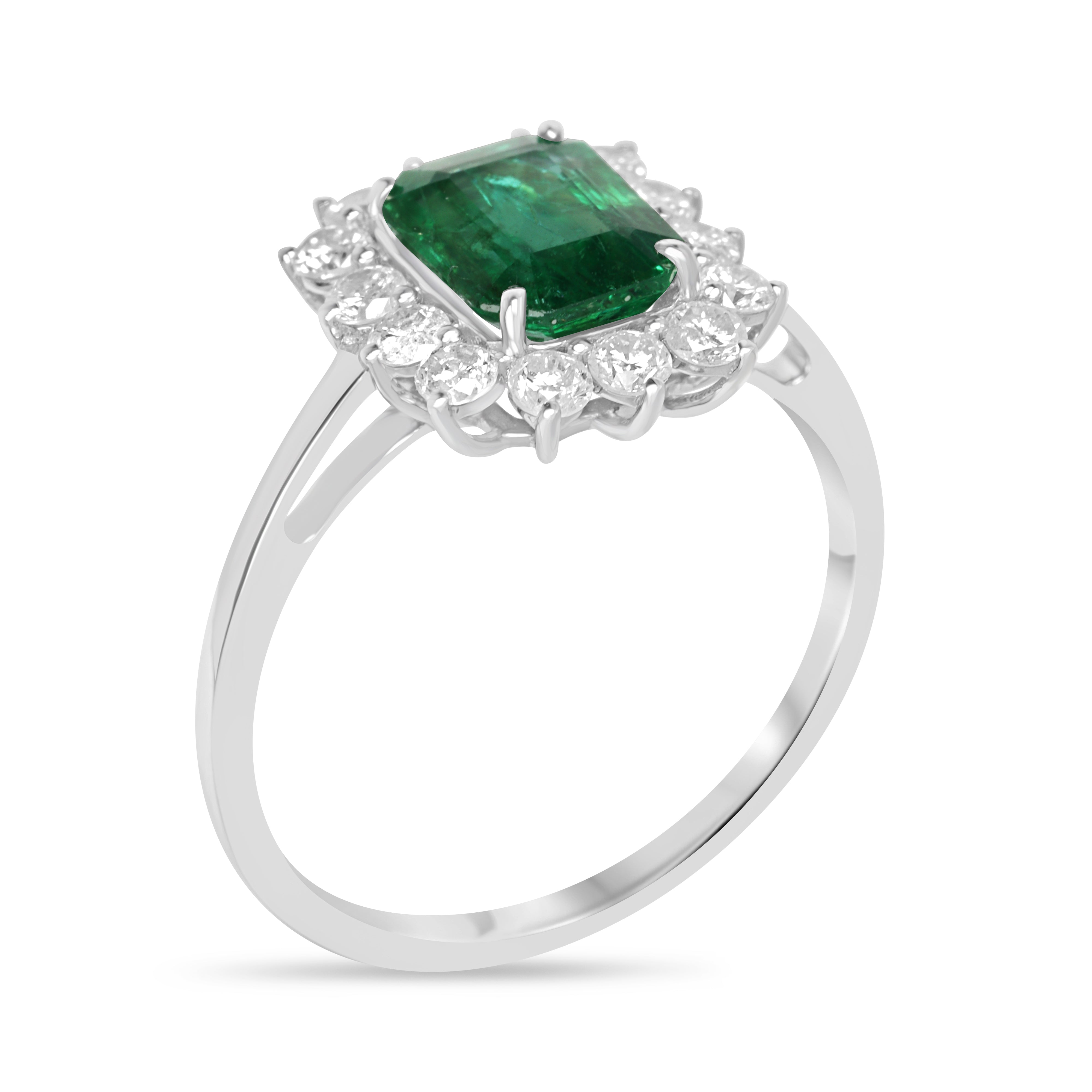 JR Colombian Emeralds 1.89tcw princess Diana cut Zambian emerald and round diamond halo ring in 14K white gold, detailed close-up image.