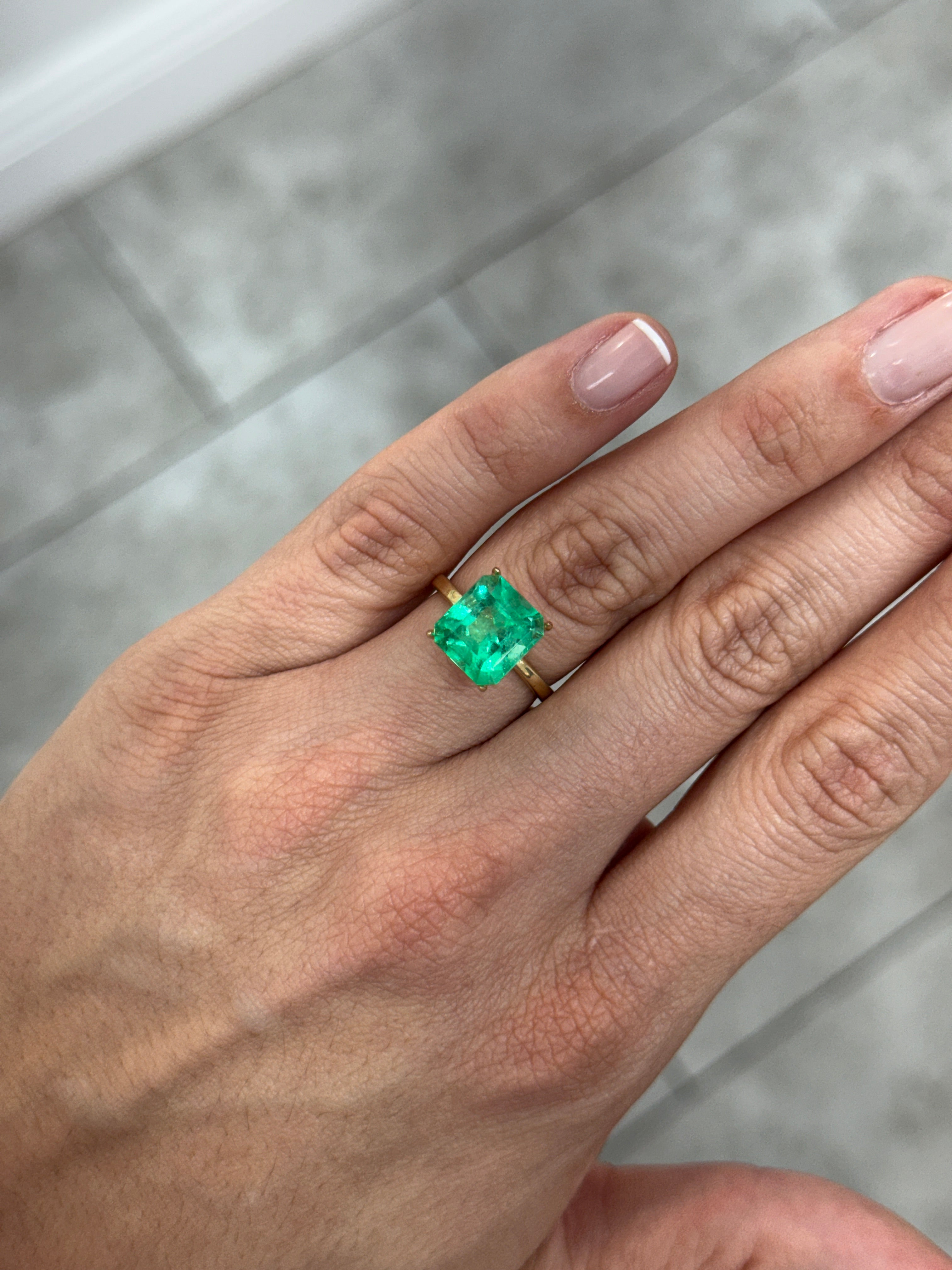 11x10mm vivacious bluish green Colombian emerald loose gemstone, Asscher cut, 4.75 carats, from JR Colombian Emeralds