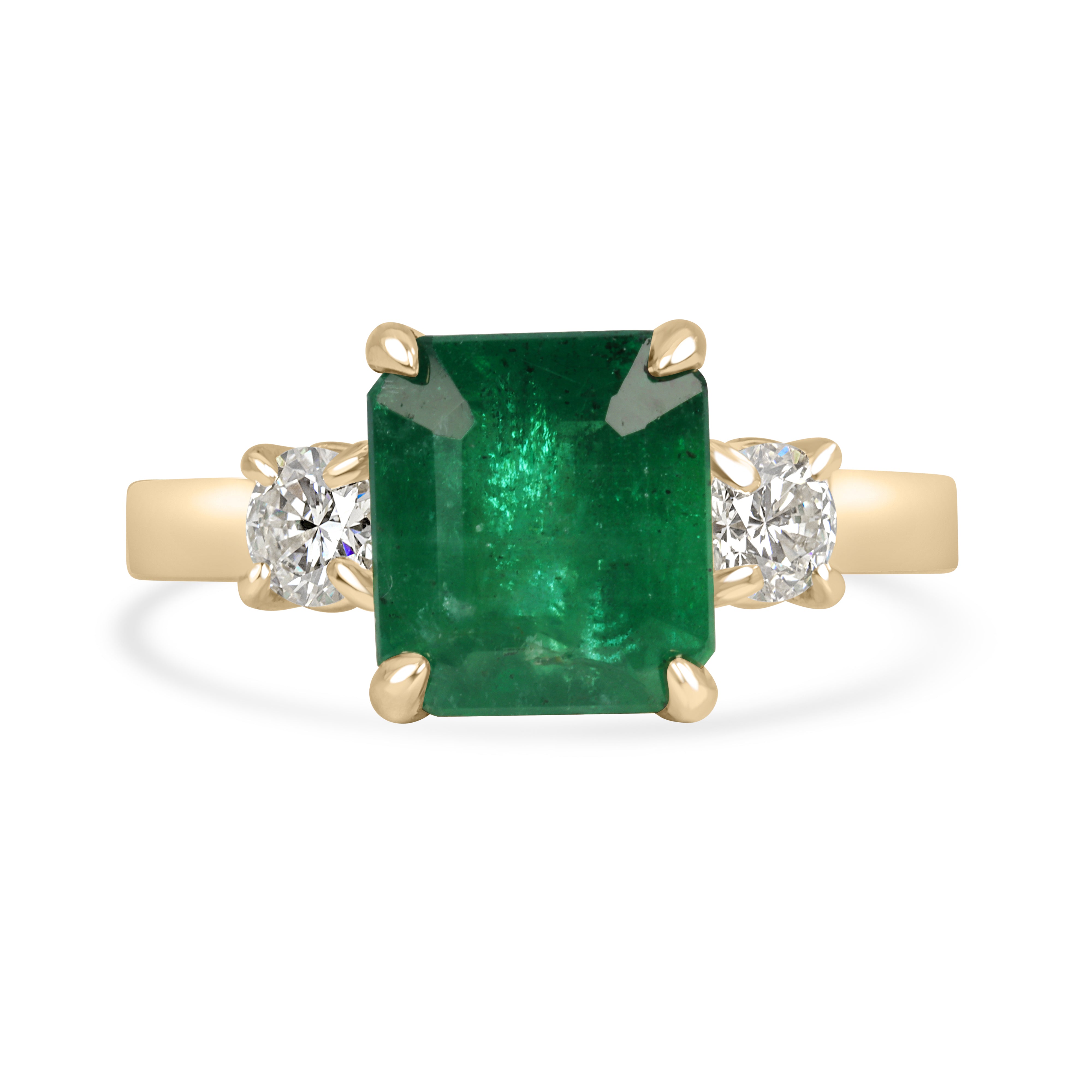 3.73tcw Zambian Emerald Cut Three Stone Ring With Round Diamond Side Stones 14K Gold Emerald Engagement Ring