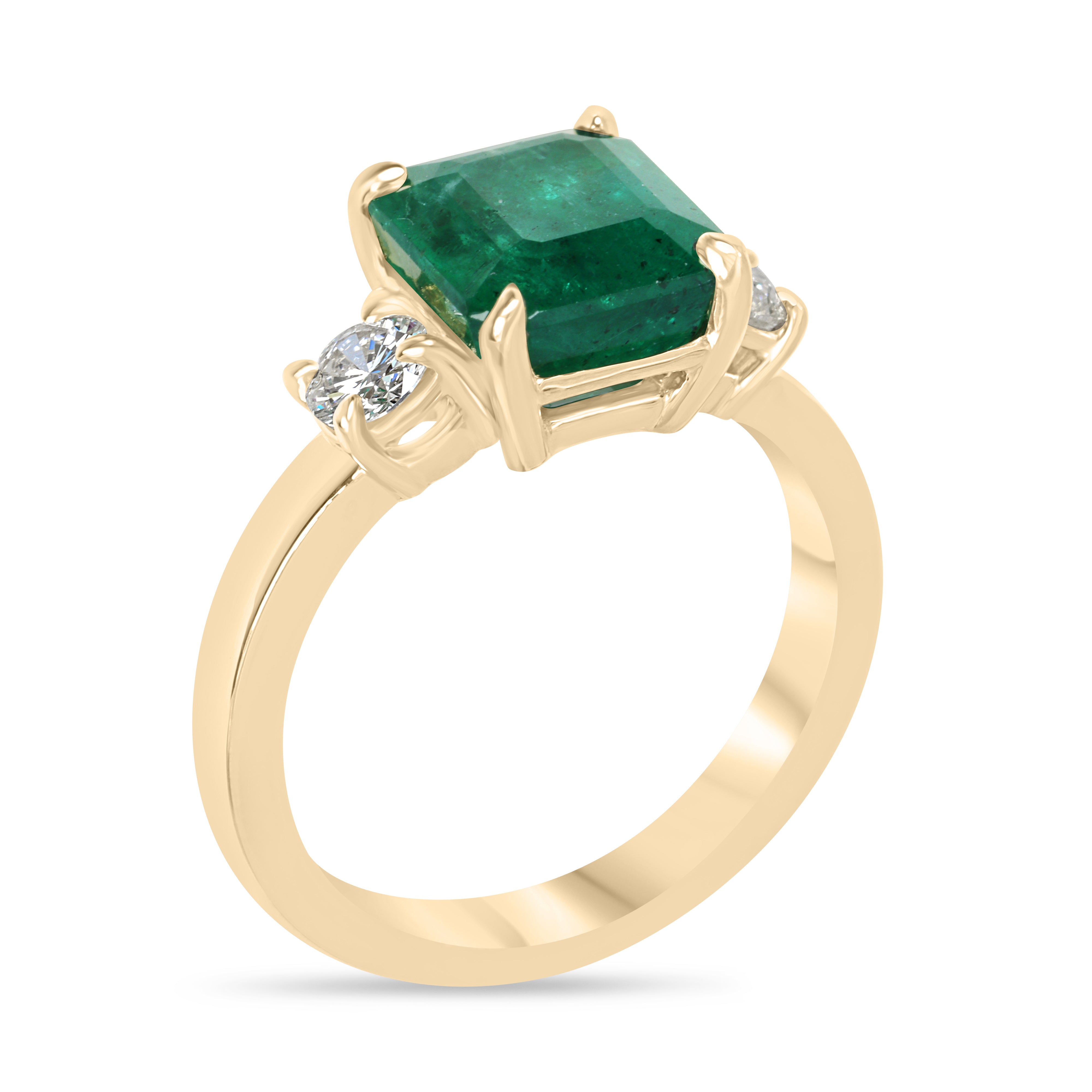 3.73tcw Zambian Emerald Cut Three Stone Ring With Round Diamond Side Stones 14K Gold Emerald Engagement Ring