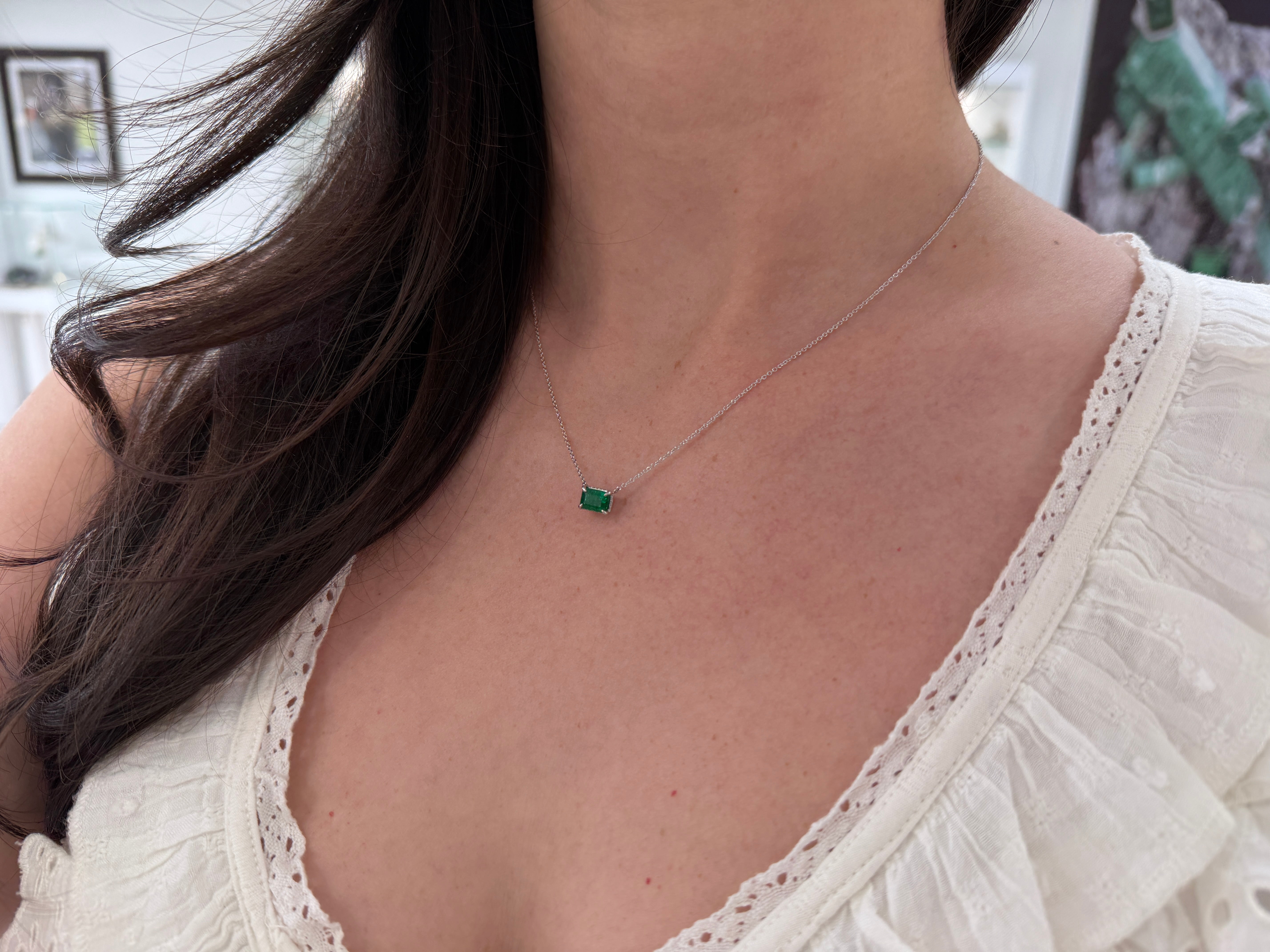 1.57tcw AAA Natural E-W Emerald with Hidden Diamond Halo Stationary Necklace Plat