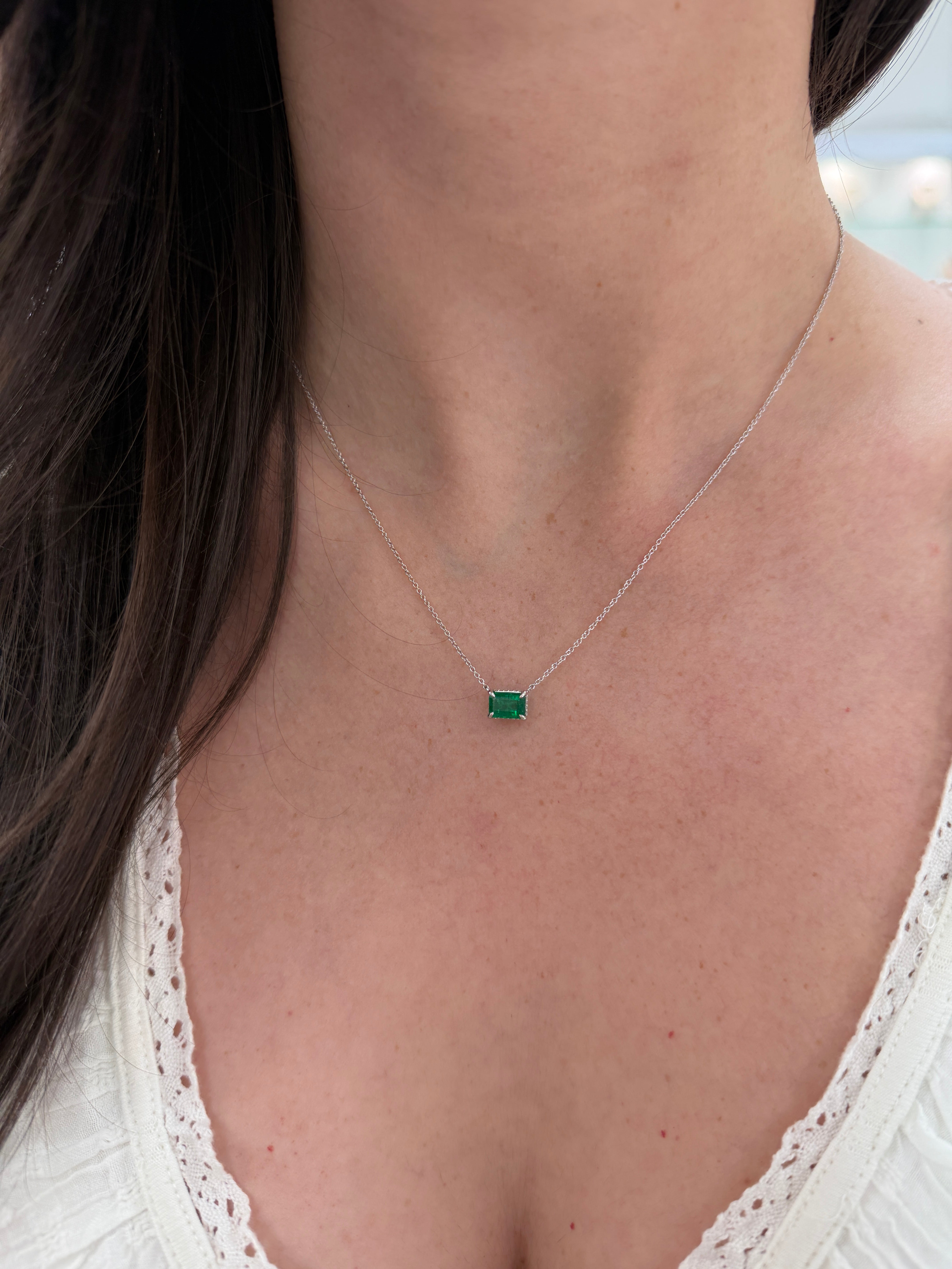 1.57tcw AAA Natural E-W Emerald with Hidden Diamond Halo Stationary Necklace Plat