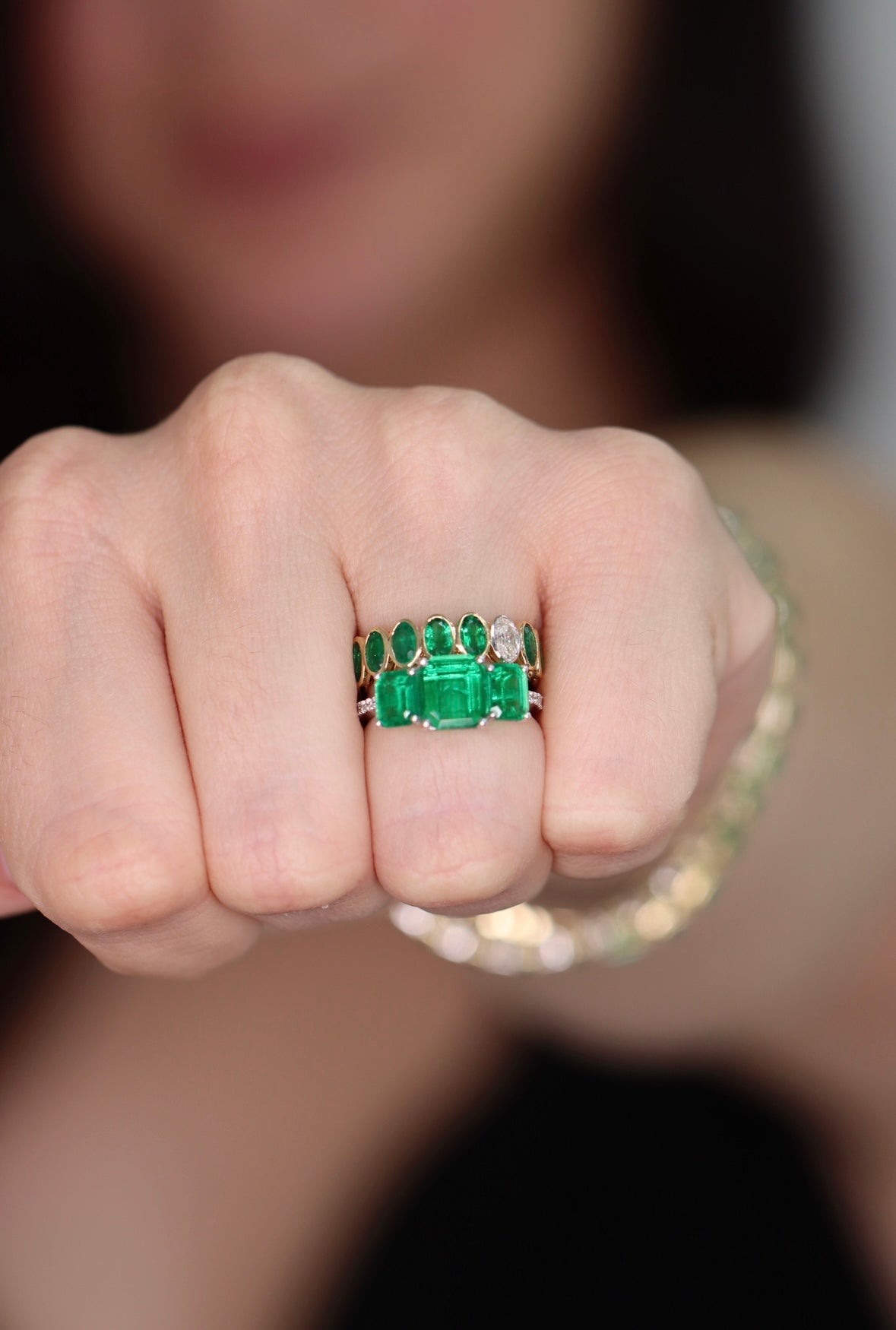 2.39tcw AAA+ Rare Find: Three Stone Asscher Cut Emerald and Diamond Ring 18K White Gold - JR Colombian Emeralds