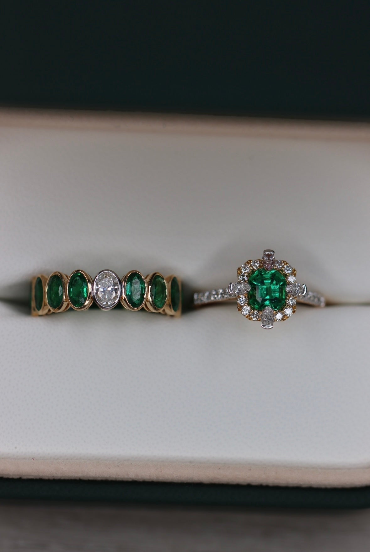 1.22TCW AAA+ Asscher Cut Emerald and Diamond Halo Engagement Ring 18K Two Tone Gold - JR Colombian Emeralds