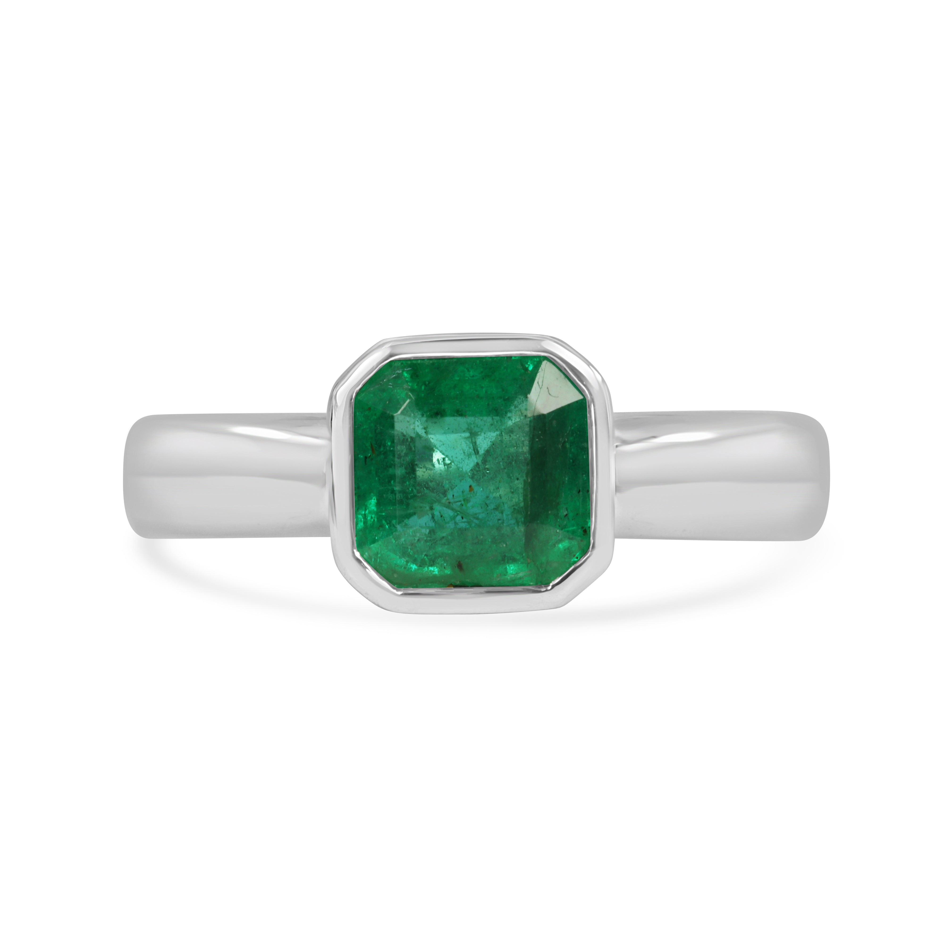 1.32 carat Asscher cut emerald diamond engagement ring in 14K white gold with bezel setting by JR Colombian Emeralds.