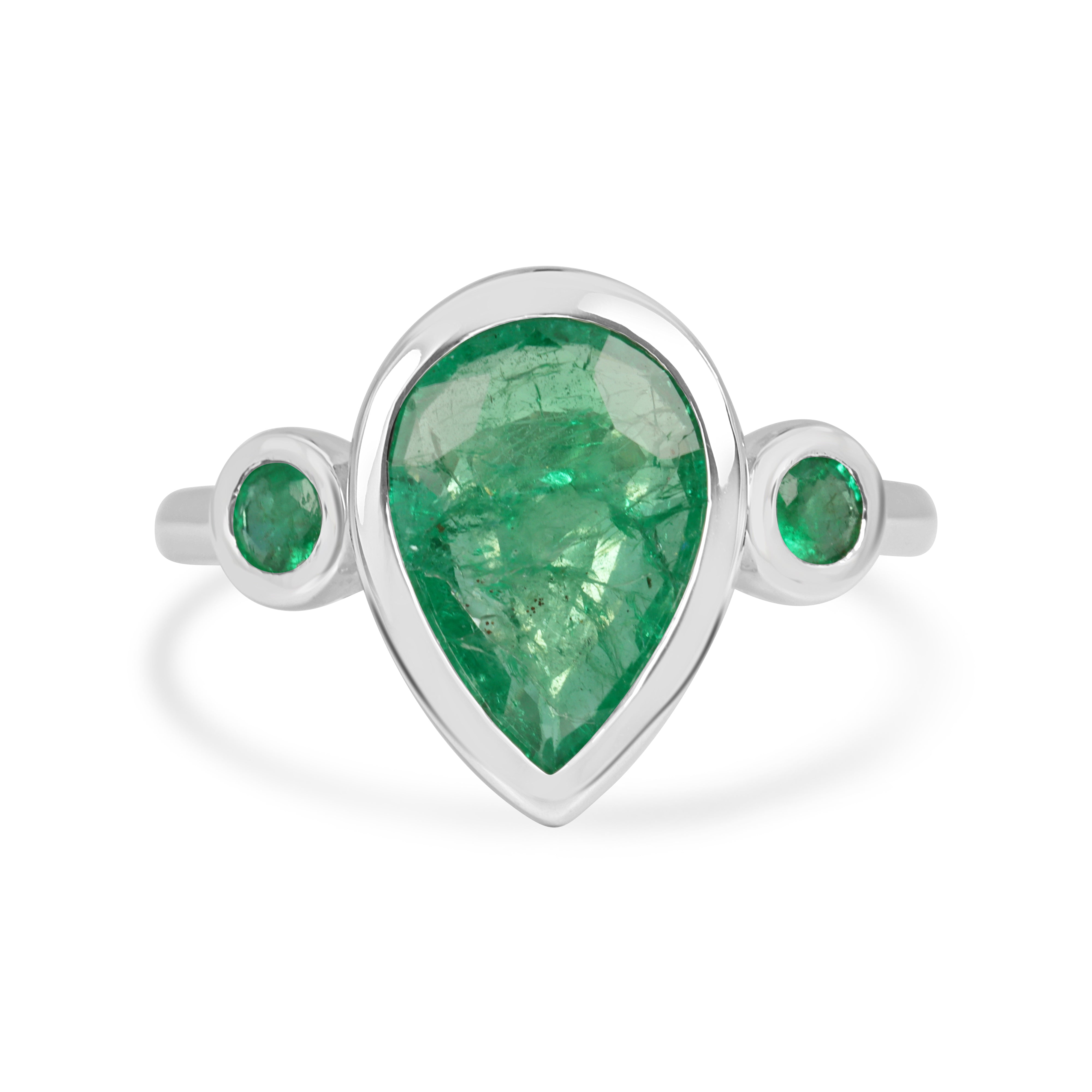 14K white gold engagement ring with 2.30tcw emerald, pear and round cut stones, three-stone design by JR Colombian Emeralds