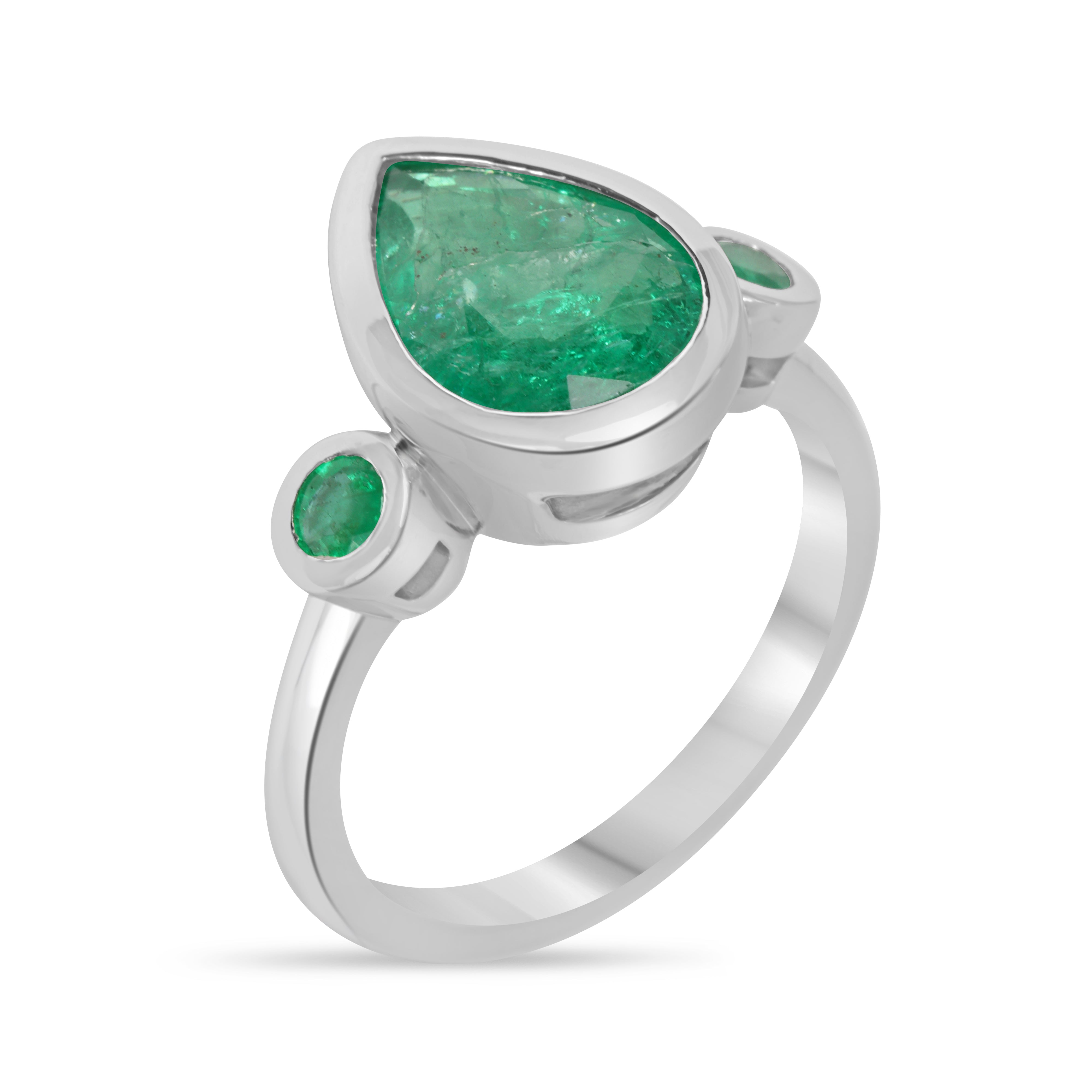 14K white gold three stone engagement ring with pear and round cut emeralds, 2.30tcw, by JR Colombian Emeralds.